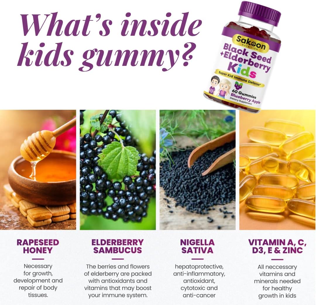 Immune Support Gummies for Kids with Elderberry, Black Seed Oil, Vitamin C & Zinc - Delicious Berry Flavor, 60 Gummies