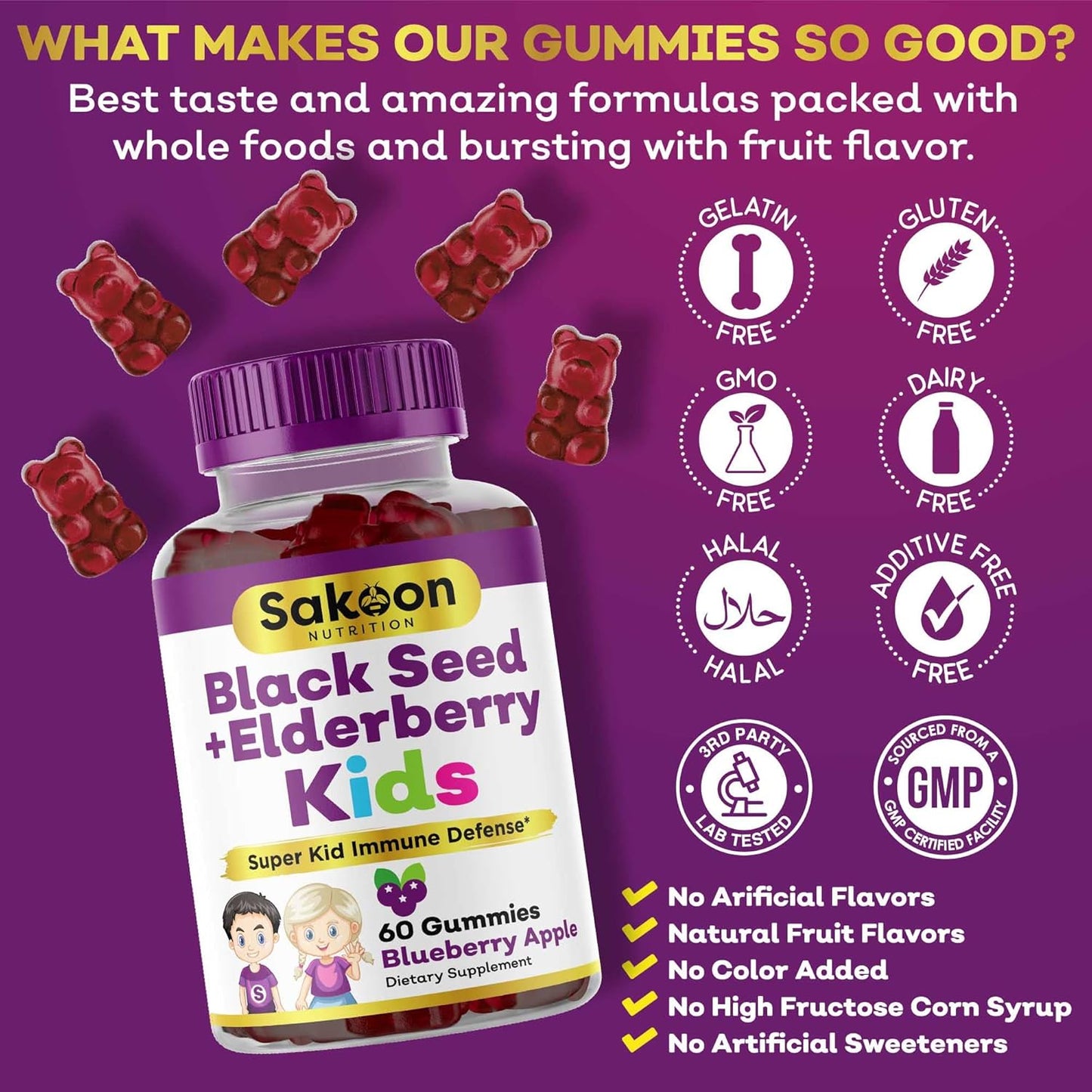 Immune Support Gummies for Kids with Elderberry, Black Seed Oil, Vitamin C & Zinc - Delicious Berry Flavor, 60 Gummies