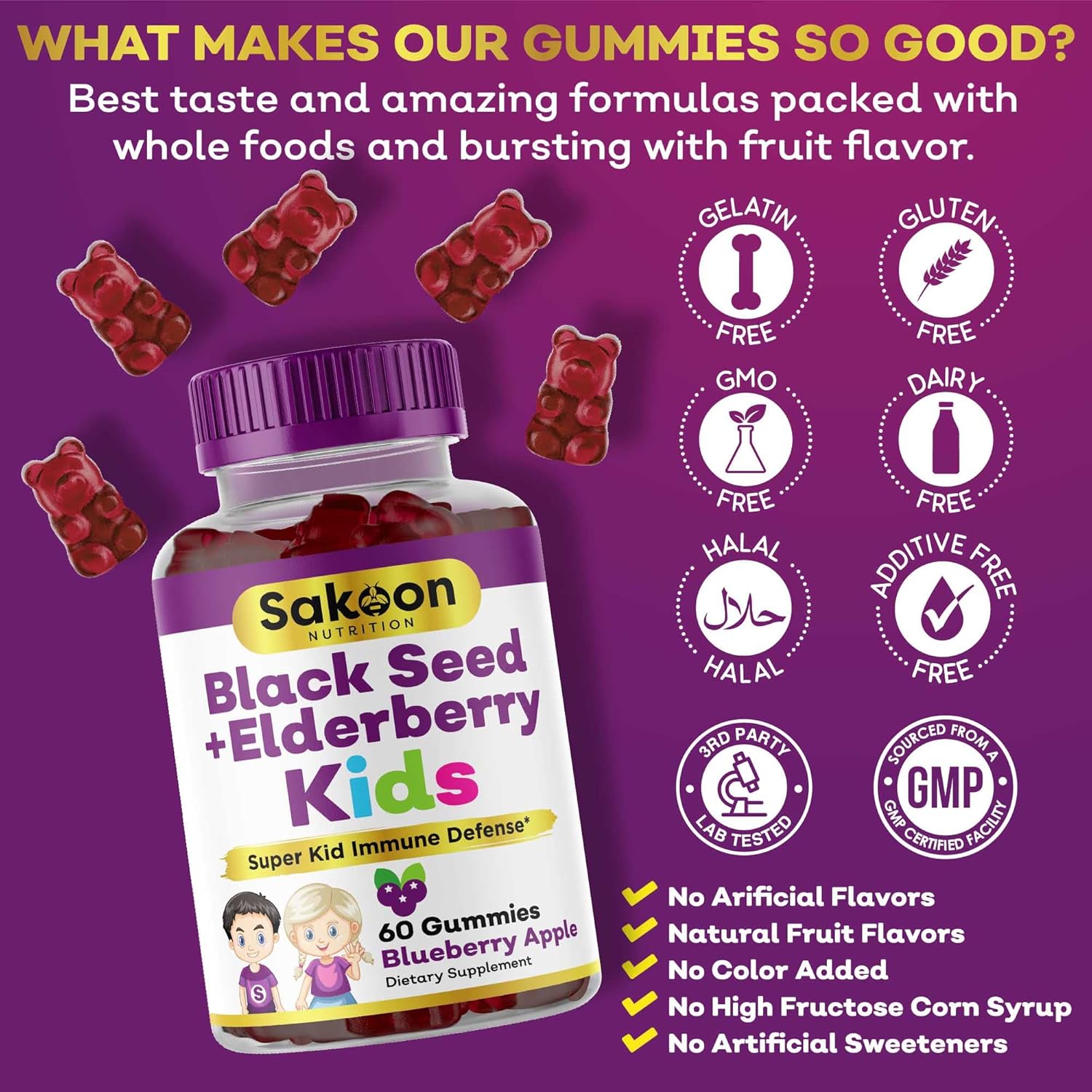 Immune Support Gummies for Kids with Elderberry, Black Seed Oil, Vitamin C & Zinc - Delicious Berry Flavor, 60 Gummies