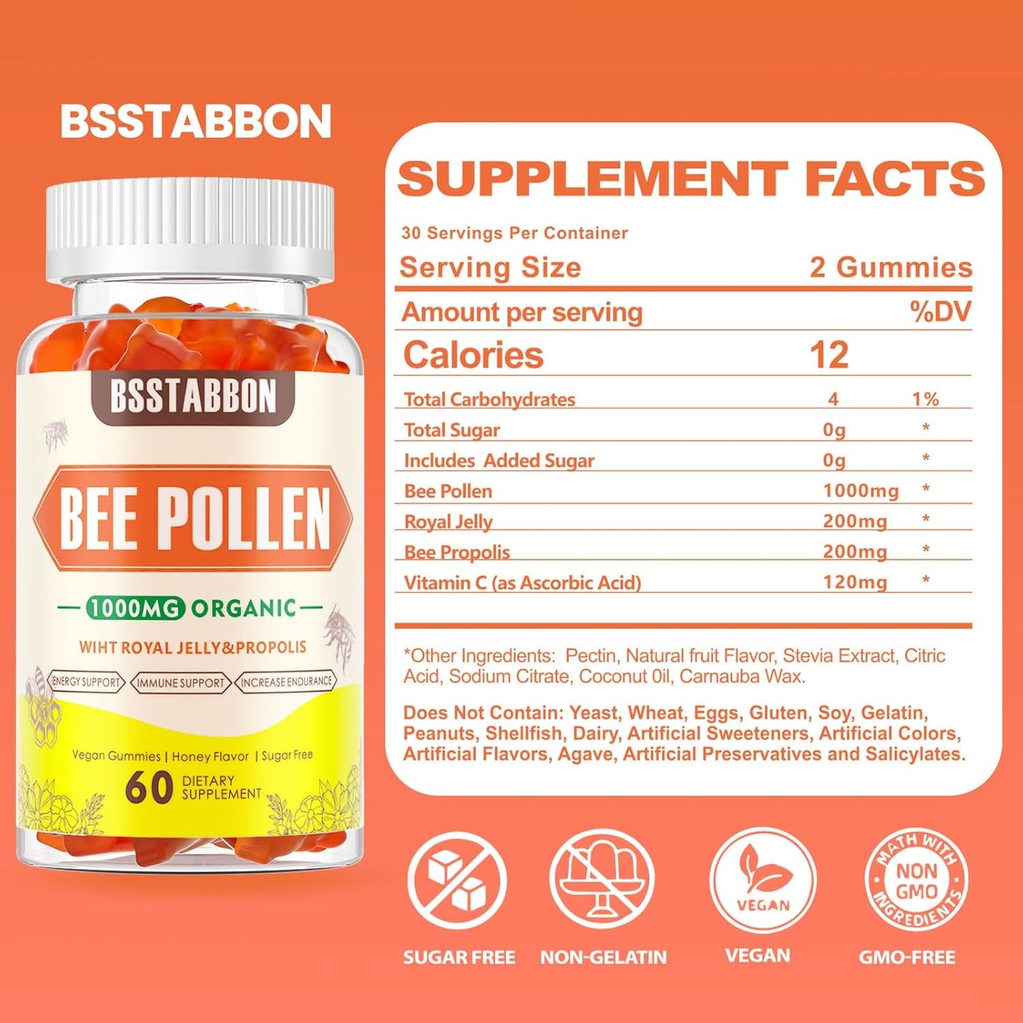 Immune Support Gummies with Bee Pollen, Royal Jelly, Bee Propolis, Vitamin C - Antioxidant Boost - 60 Count