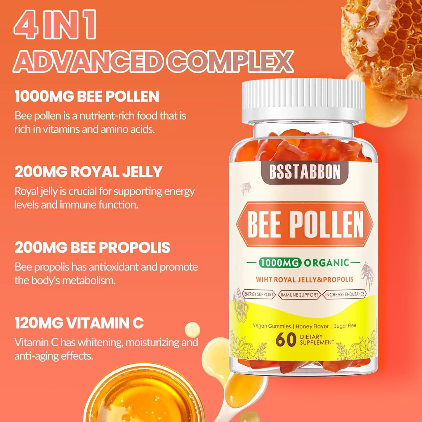 Immune Support Gummies with Bee Pollen, Royal Jelly, Bee Propolis, Vitamin C - Antioxidant Boost - 60 Count