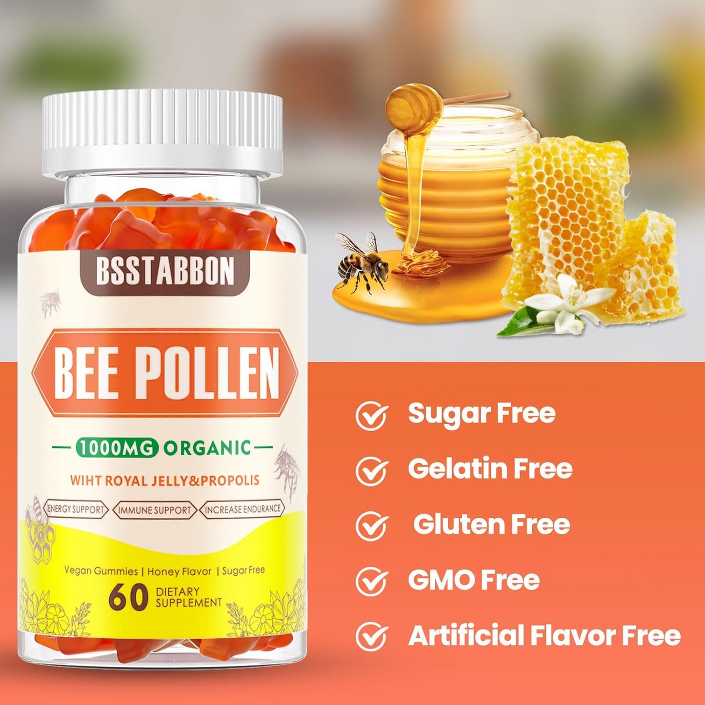 Immune Support Gummies with Bee Pollen, Royal Jelly, Bee Propolis, Vitamin C - Antioxidant Boost - 60 Count