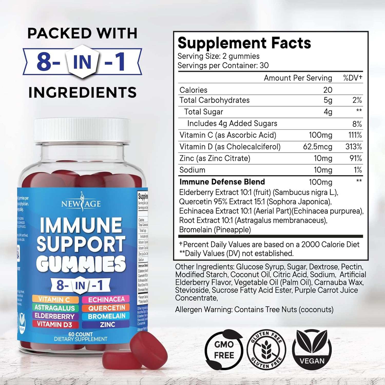 Immune Support Gummies with Elderberry, Vitamin C, Zinc, D, Turmeric, Ginger, B6, Echinacea - 8 in 1 Supplement Pack