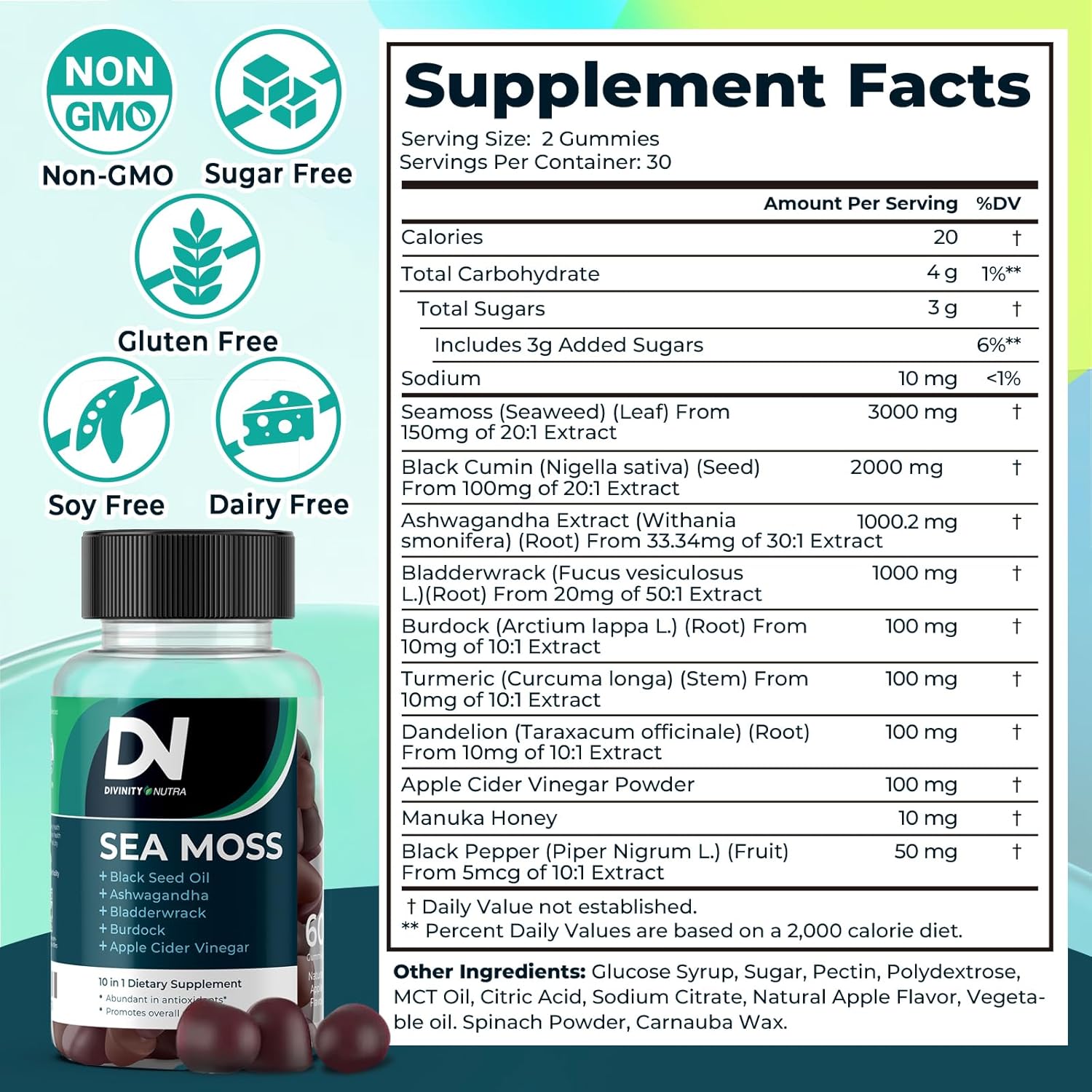 Immune Support Gummies with Sea Moss, Ashwagandha, Black Seed Oil, Bladderwrack, Burdock, Turmeric, Apple Cider Vinegar, and Manuka Honey - 120 Count