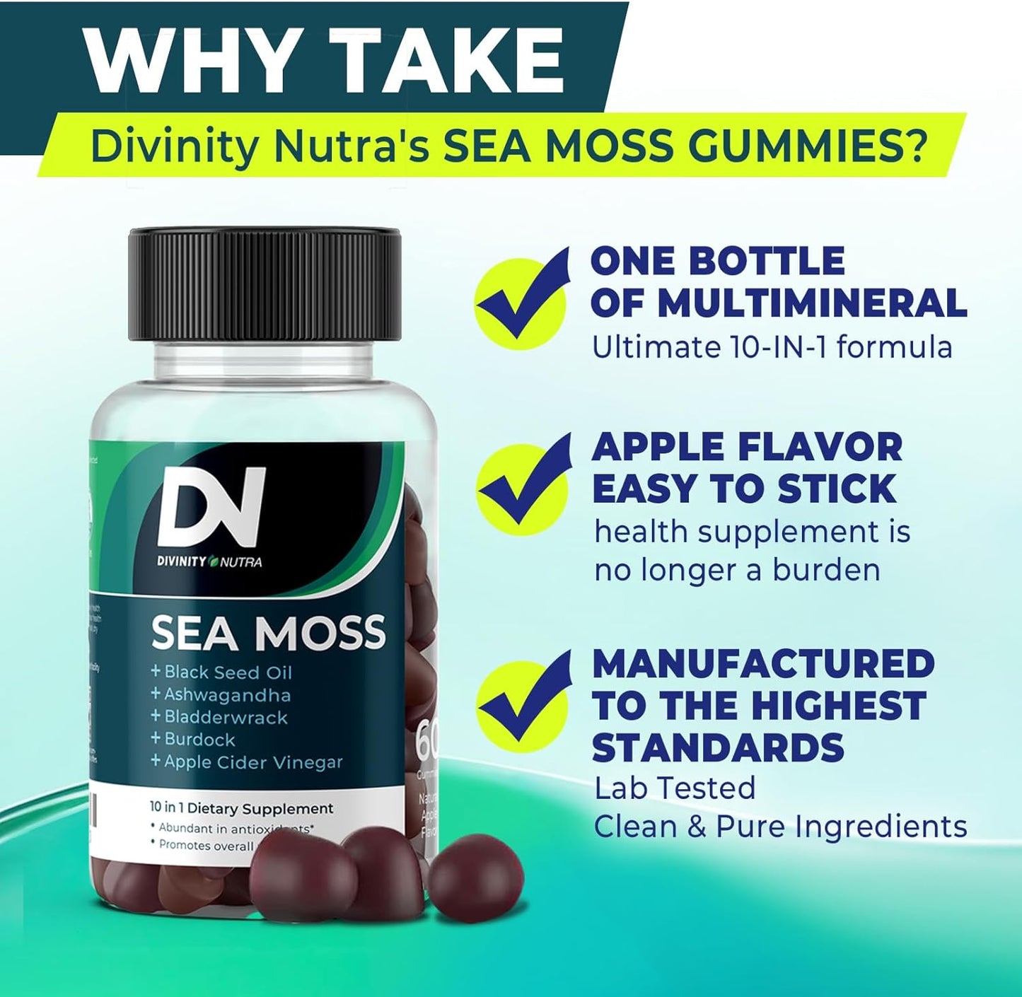 Immune Support Gummies with Sea Moss, Ashwagandha, Black Seed Oil, Bladderwrack, Burdock, Turmeric, Apple Cider Vinegar, and Manuka Honey - 120 Count