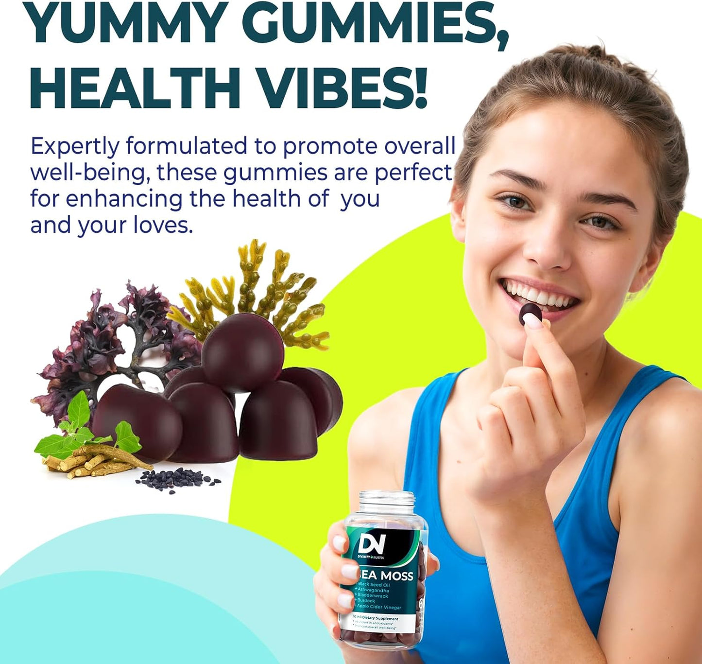 Immune Support Gummies with Sea Moss, Ashwagandha, Black Seed Oil, Bladderwrack, Burdock, Turmeric, Apple Cider Vinegar, and Manuka Honey - 120 Count