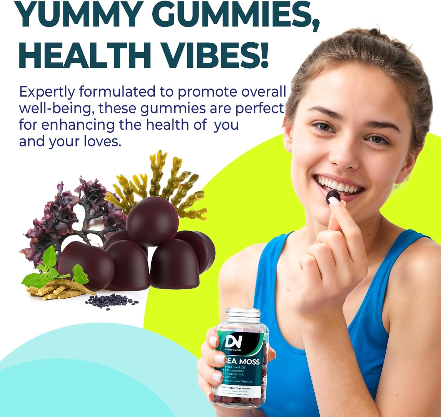 Immune Support Gummies with Sea Moss, Ashwagandha, Black Seed Oil, Bladderwrack, Burdock, Turmeric, Apple Cider Vinegar, and Manuka Honey - 120 Count