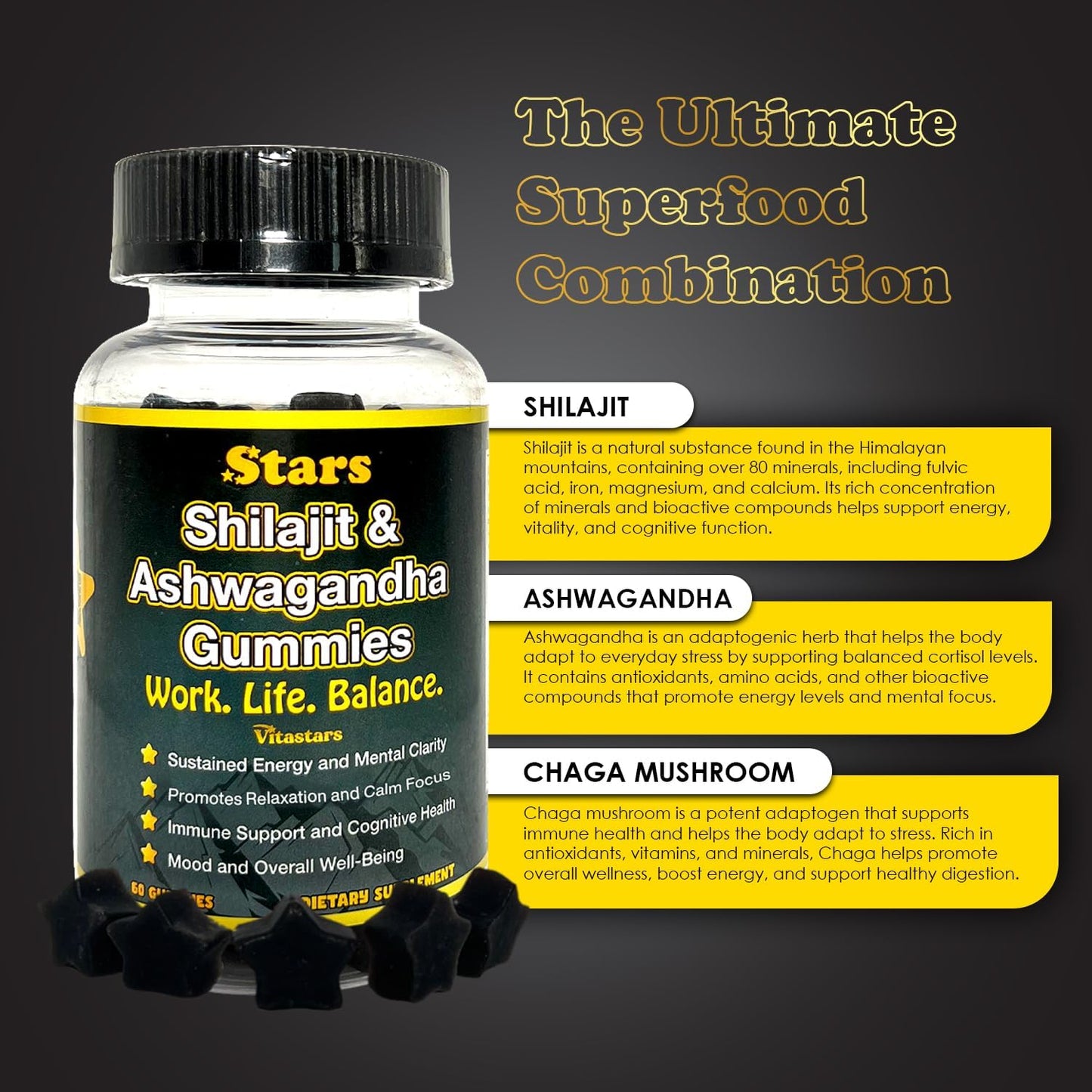 Immune Support Gummies with Shilajit & Ashwagandha for Men and Women - 60 Star Shaped Dietary Supplements