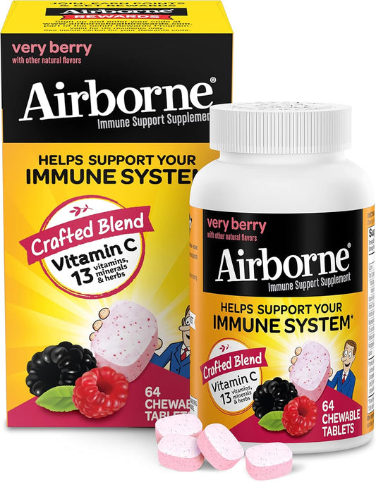 Immune Support Supplement: Airborne 1000mg Vitamin C Chewable Tablets with Zinc, Antioxidants - 64 Tablets, Very Berry Flavor