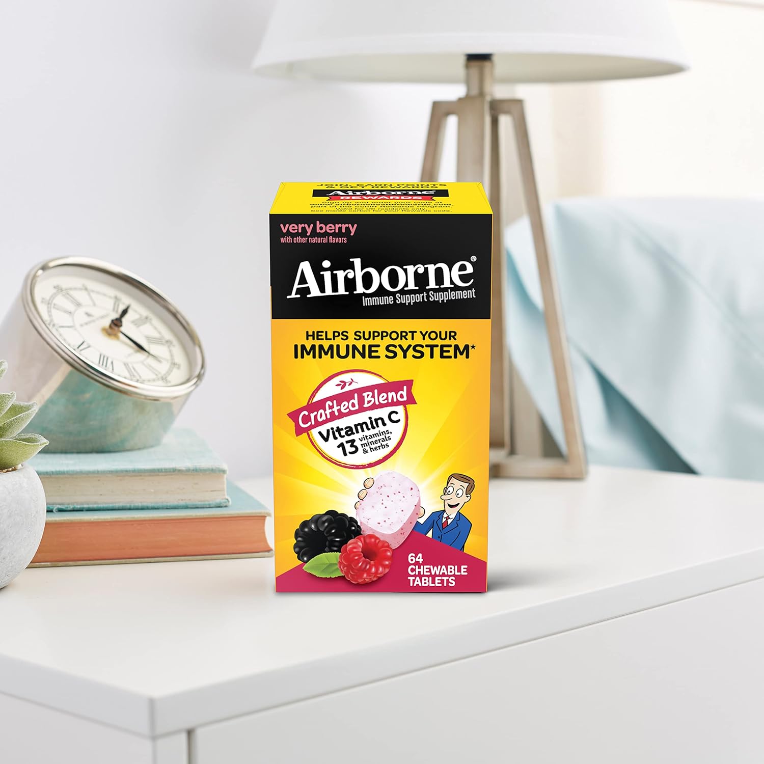 Immune Support Supplement: Airborne 1000mg Vitamin C Chewable Tablets with Zinc, Antioxidants - 64 Tablets, Very Berry Flavor