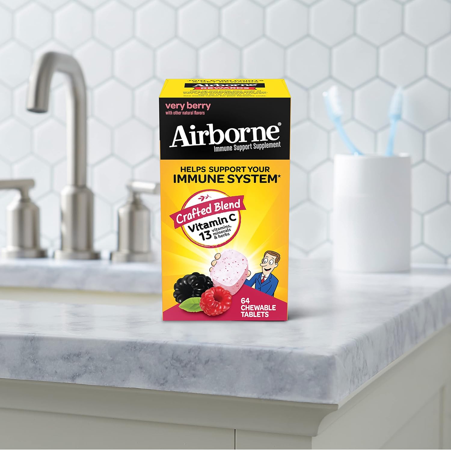 Immune Support Supplement: Airborne 1000mg Vitamin C Chewable Tablets with Zinc, Antioxidants - 64 Tablets, Very Berry Flavor