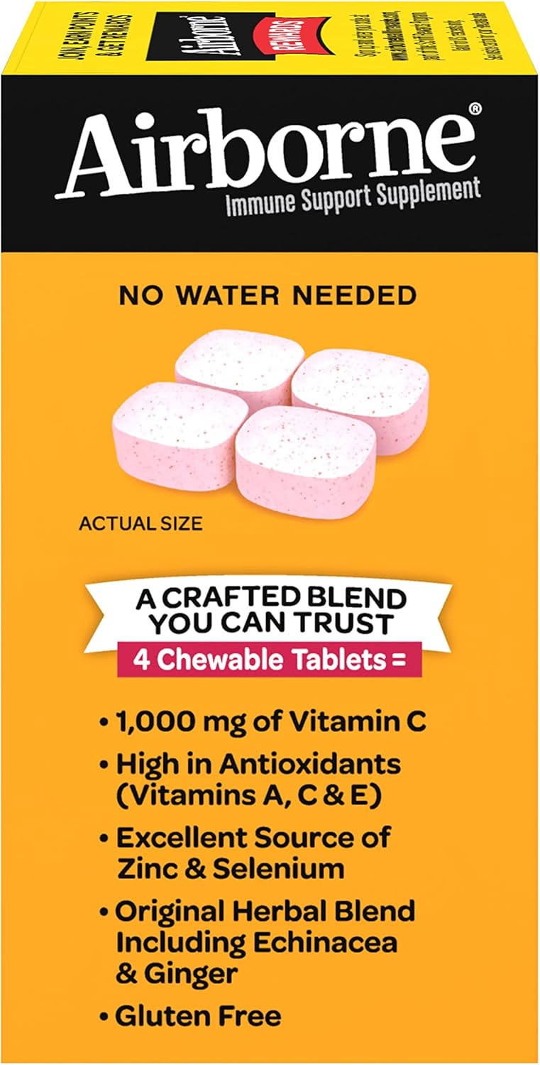 Immune Support Supplement: Airborne 1000mg Vitamin C Chewable Tablets with Zinc, Antioxidants - 64 Tablets, Very Berry Flavor