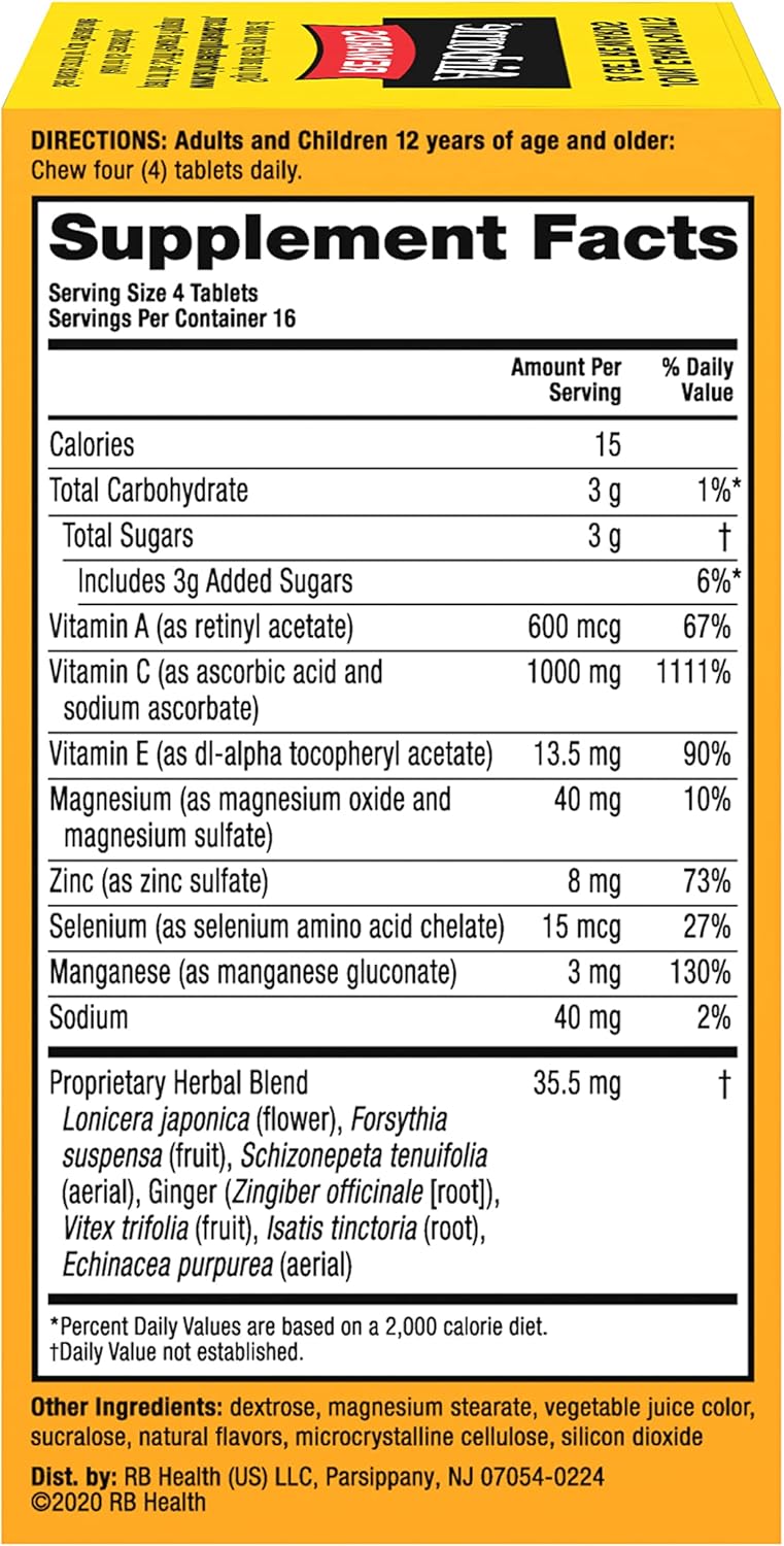 Immune Support Supplement: Airborne 1000mg Vitamin C Chewable Tablets with Zinc, Antioxidants - 64 Tablets, Very Berry Flavor