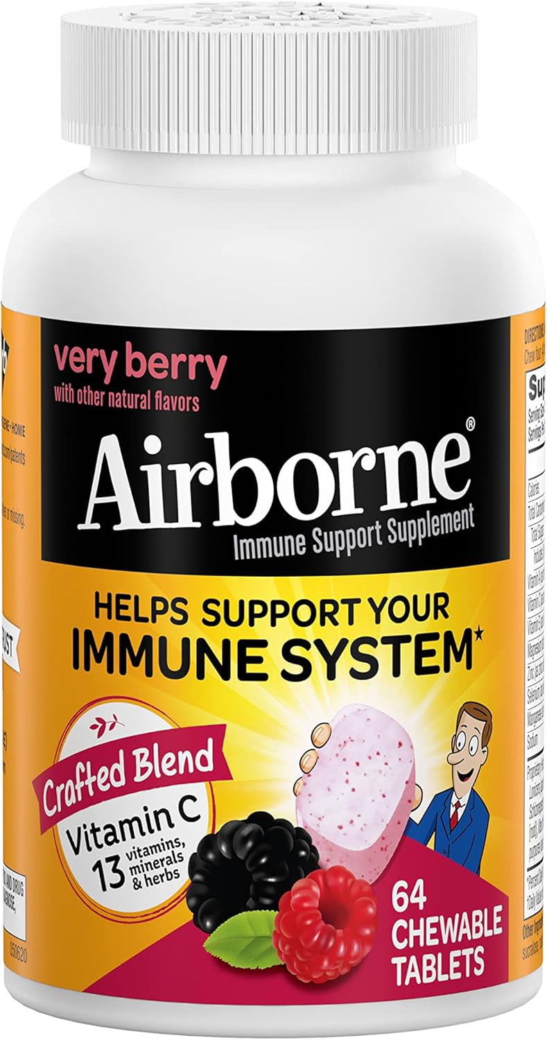 Immune Support Supplement: Airborne 1000mg Vitamin C Chewable Tablets with Zinc, Antioxidants - 64 Tablets, Very Berry Flavor