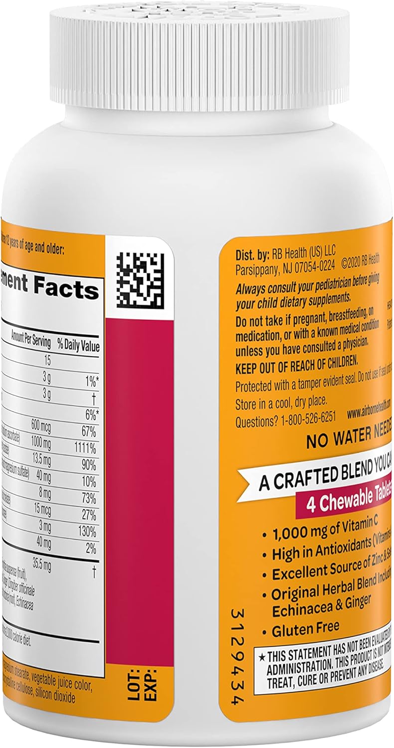 Immune Support Supplement: Airborne 1000mg Vitamin C Chewable Tablets with Zinc, Antioxidants - 64 Tablets, Very Berry Flavor