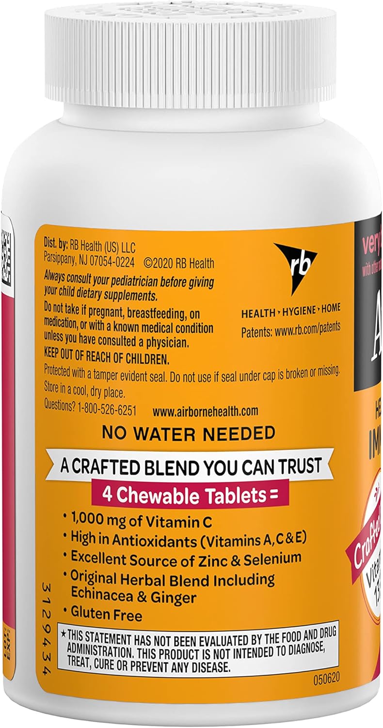 Immune Support Supplement: Airborne 1000mg Vitamin C Chewable Tablets with Zinc, Antioxidants - 64 Tablets, Very Berry Flavor
