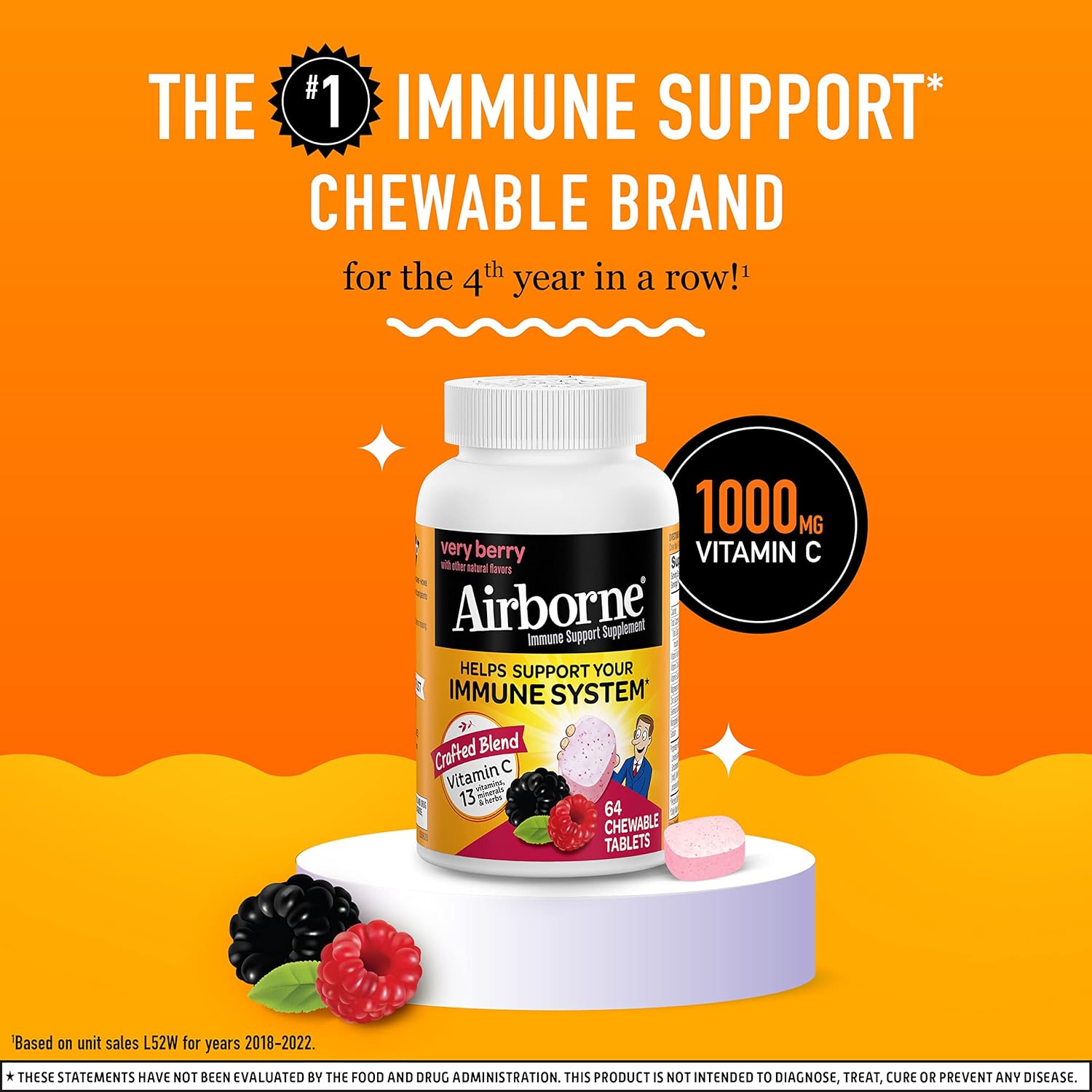 Immune Support Supplement: Airborne 1000mg Vitamin C Chewable Tablets with Zinc, Antioxidants - 64 Tablets, Very Berry Flavor
