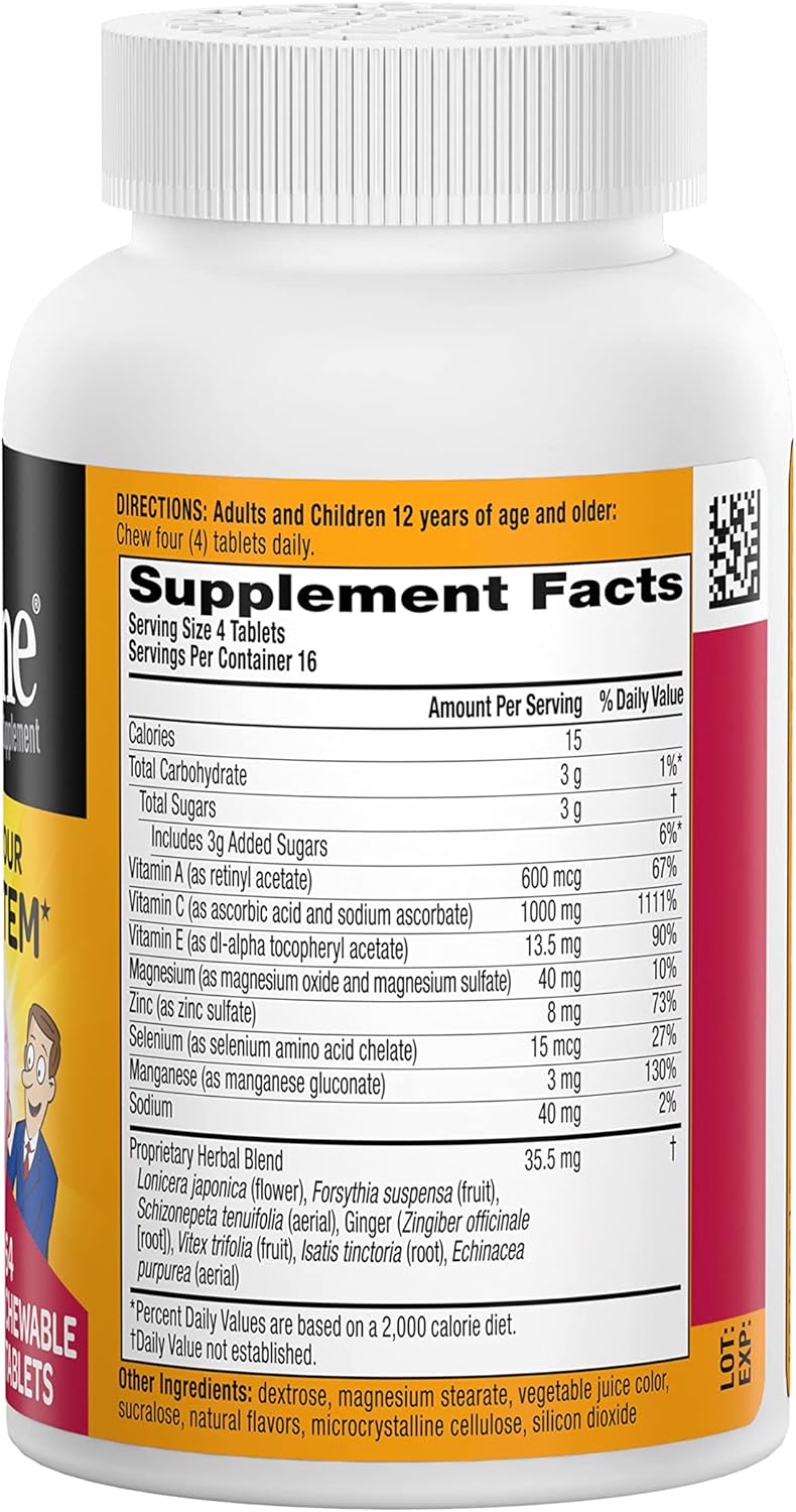 Immune Support Supplement: Airborne 1000mg Vitamin C Chewable Tablets with Zinc, Antioxidants - 64 Tablets, Very Berry Flavor