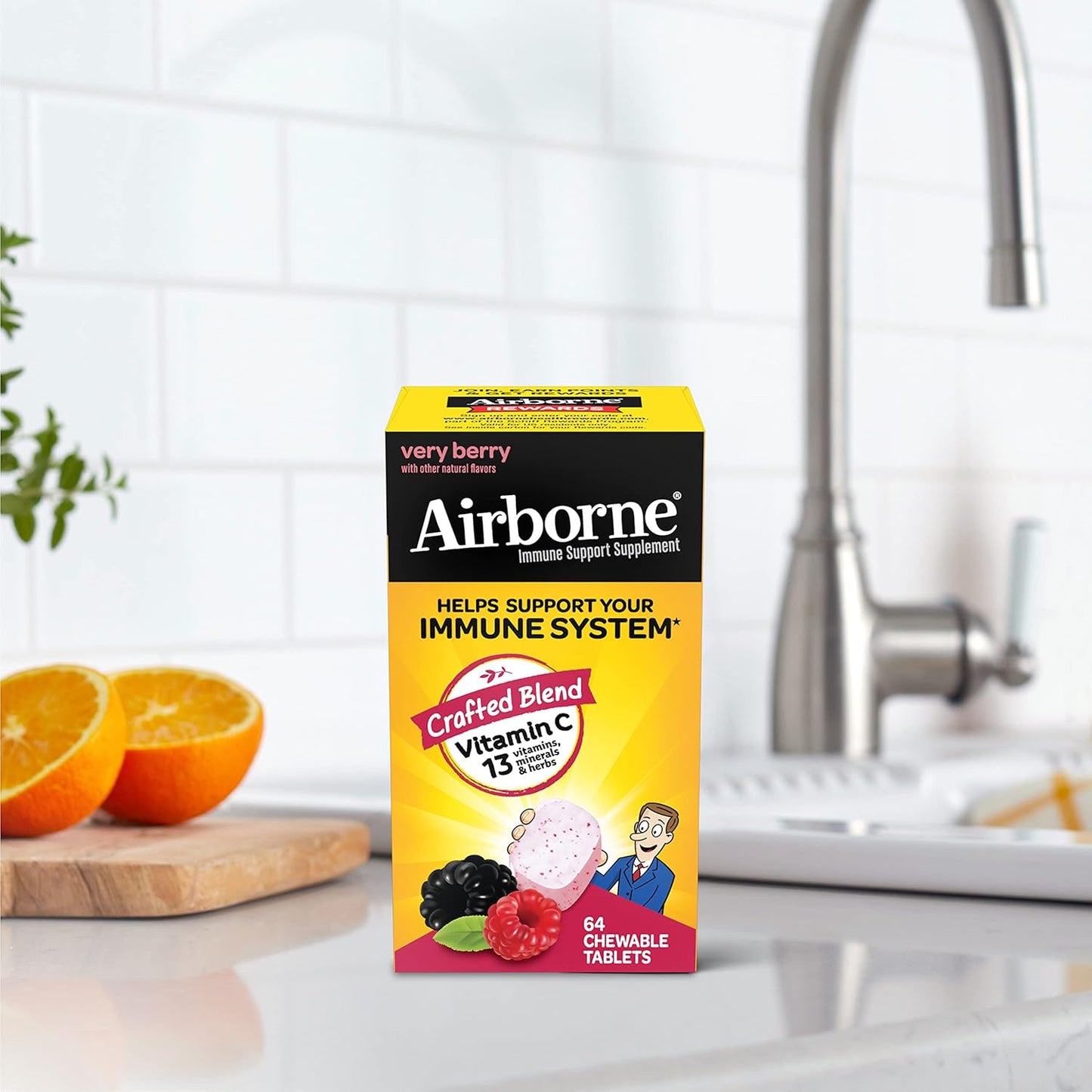Immune Support Supplement: Airborne 1000mg Vitamin C Chewable Tablets with Zinc, Antioxidants - 64 Tablets, Very Berry Flavor