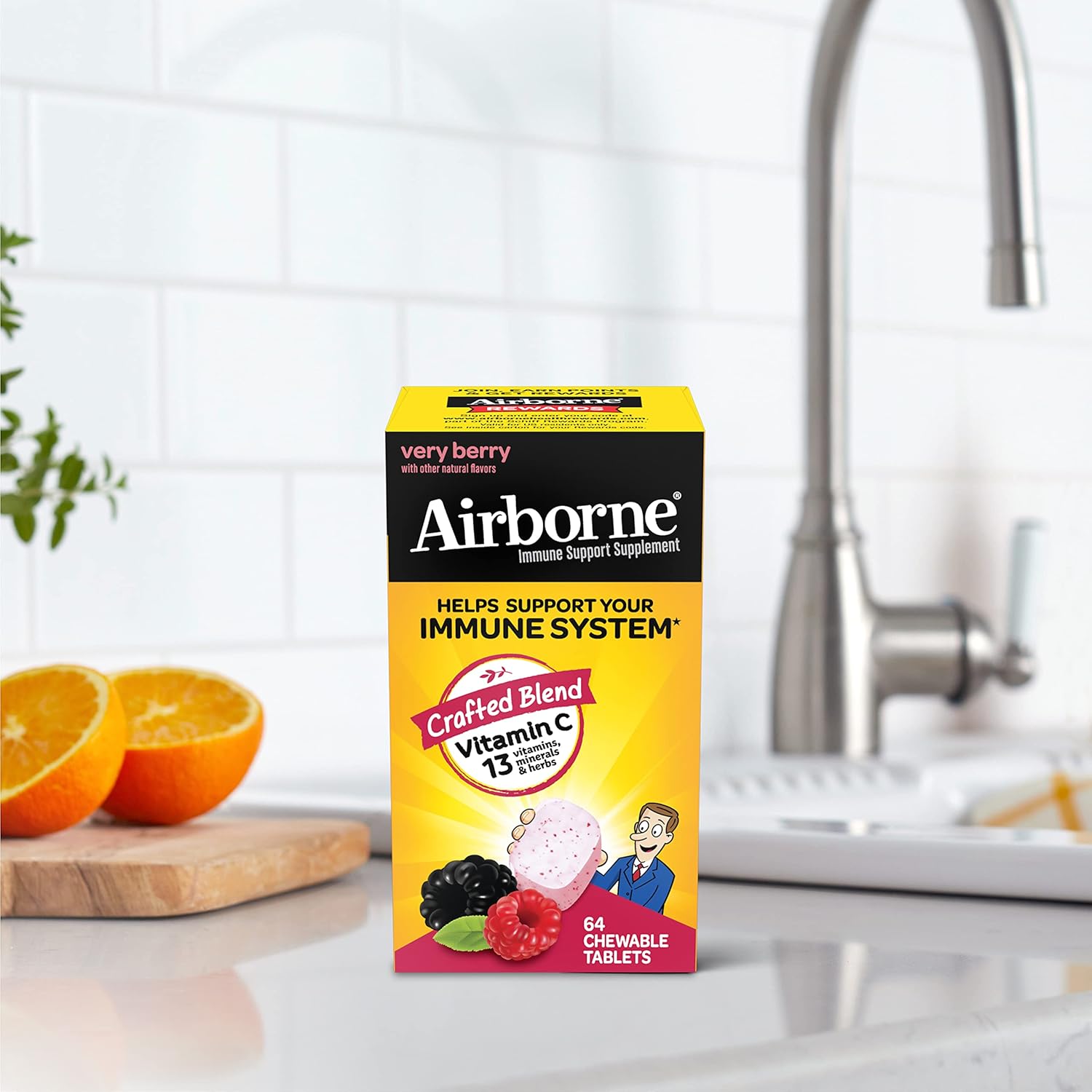 Immune Support Supplement: Airborne 1000mg Vitamin C Chewable Tablets with Zinc, Antioxidants - 64 Tablets, Very Berry Flavor