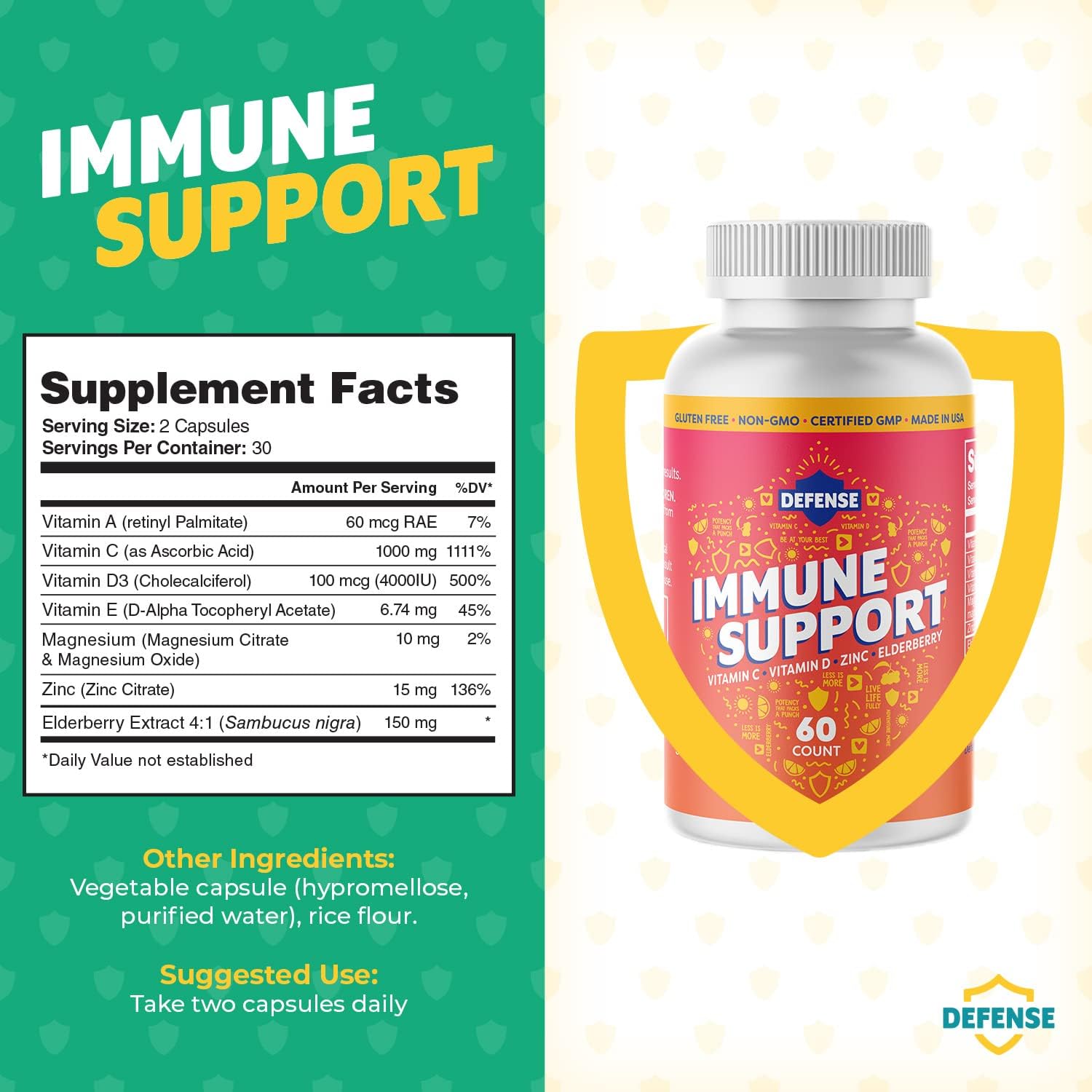 Immune Support Supplement for Adults | Immunity Booster with Vitamin C, Zinc, Elderberry, and D3 | 30 Day Supply | Antioxidant Boost | Non GMO & Gluten-Free