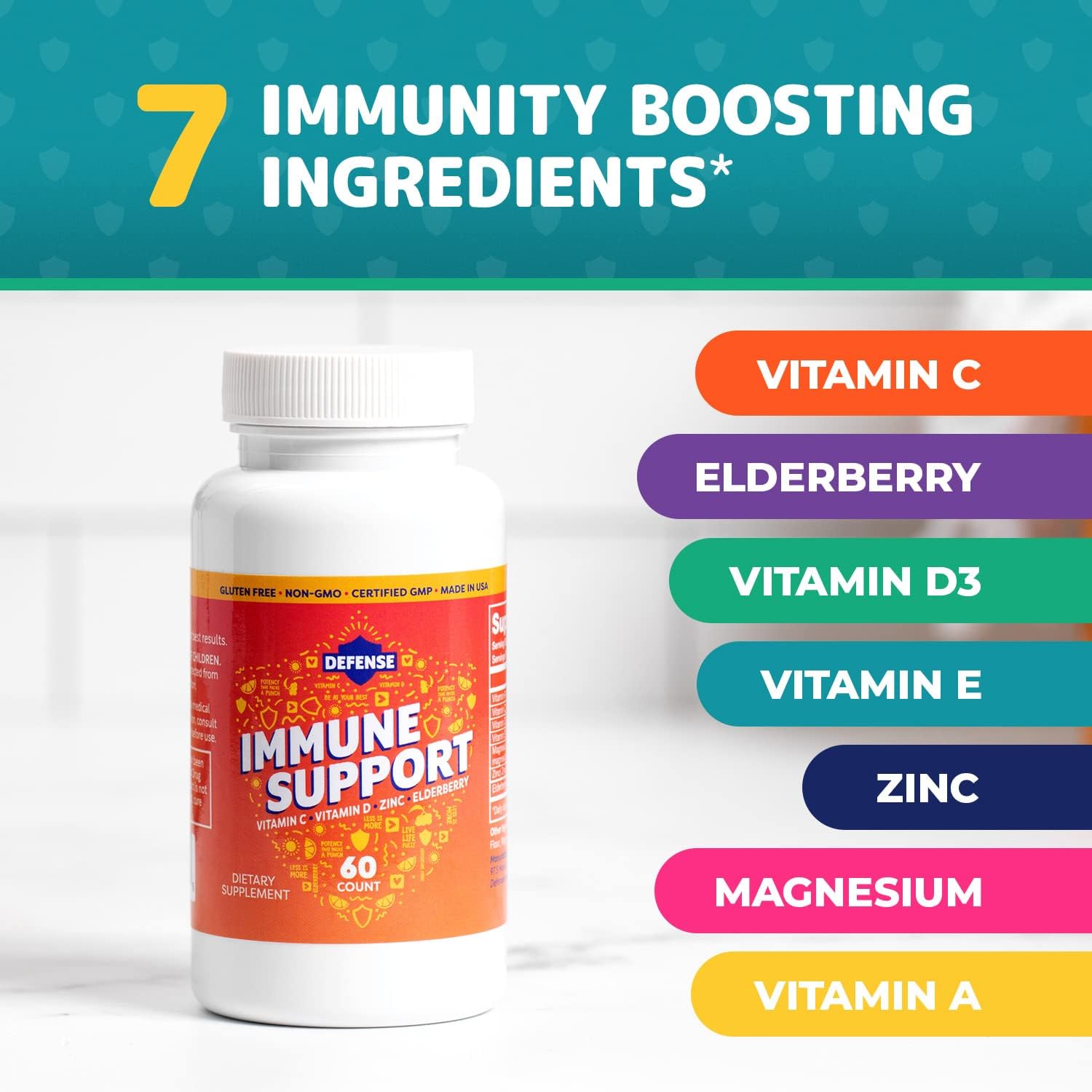 Immune Support Supplement for Adults | Immunity Booster with Vitamin C, Zinc, Elderberry, and D3 | 30 Day Supply | Antioxidant Boost | Non GMO & Gluten-Free