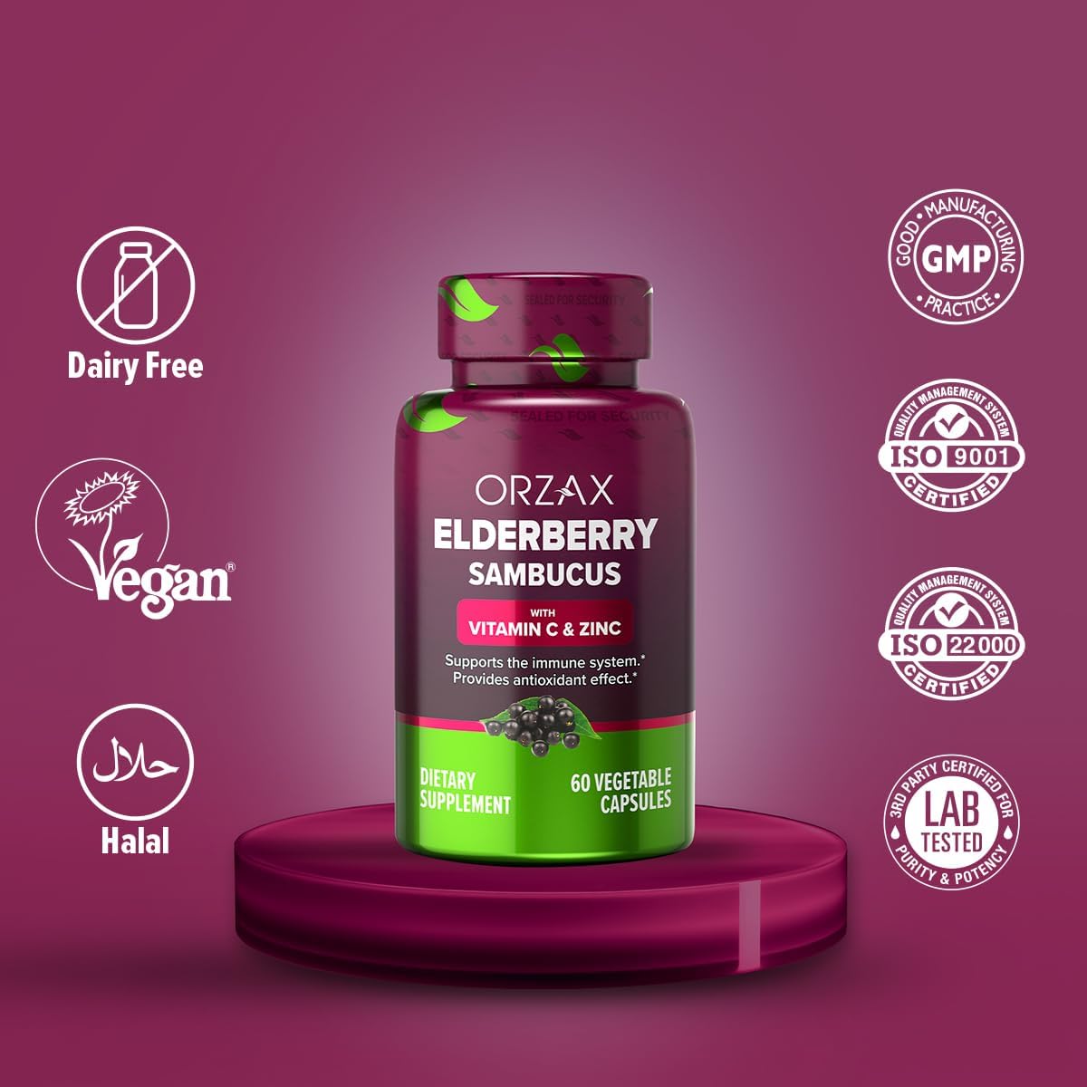 Immune Support Supplement with Elderberry, Vitamin C, and Zinc - Antioxidant Capsules for Women and Men - 60 Vegetable Capsules