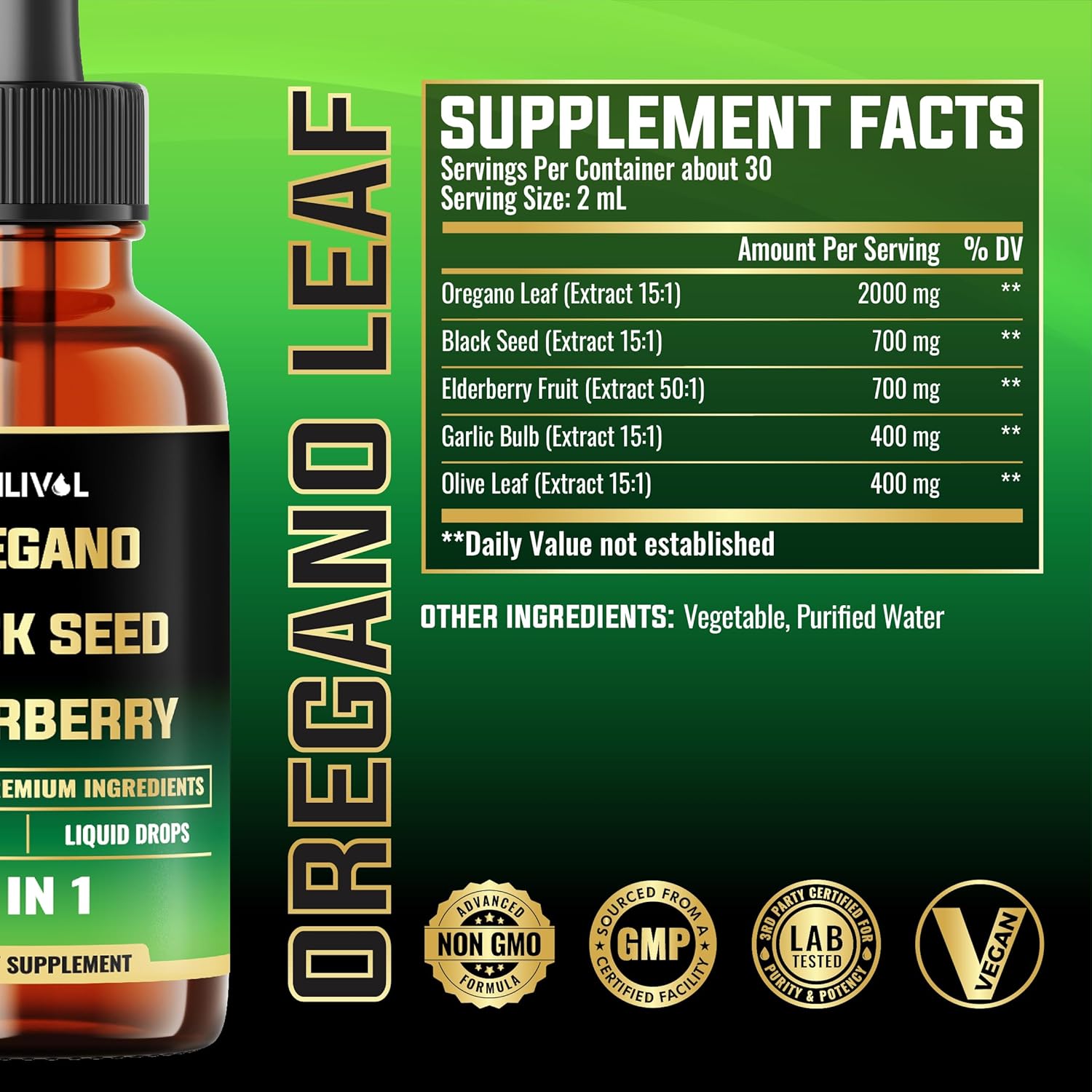 Immune Support Supplement with Oregano Oil, Black Seed, Elderberry, Garlic, Olive Leaf - 2 Fl Oz Liquid Drops