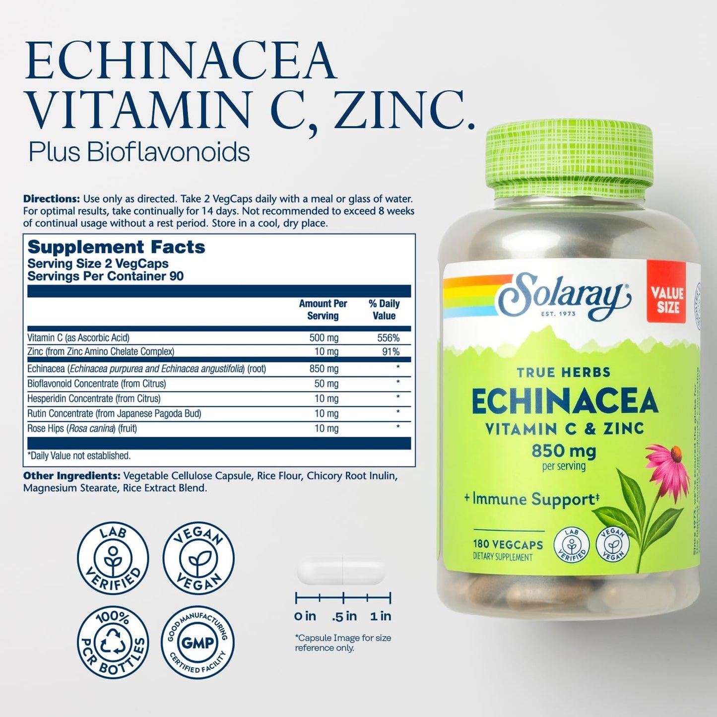 Immune Support Supplement with Oregano Oil, Echinacea, Vitamin C, and Zinc - Vegan Capsules with Bioflavonoids, 60-Day Guarantee - 120ct/180ct