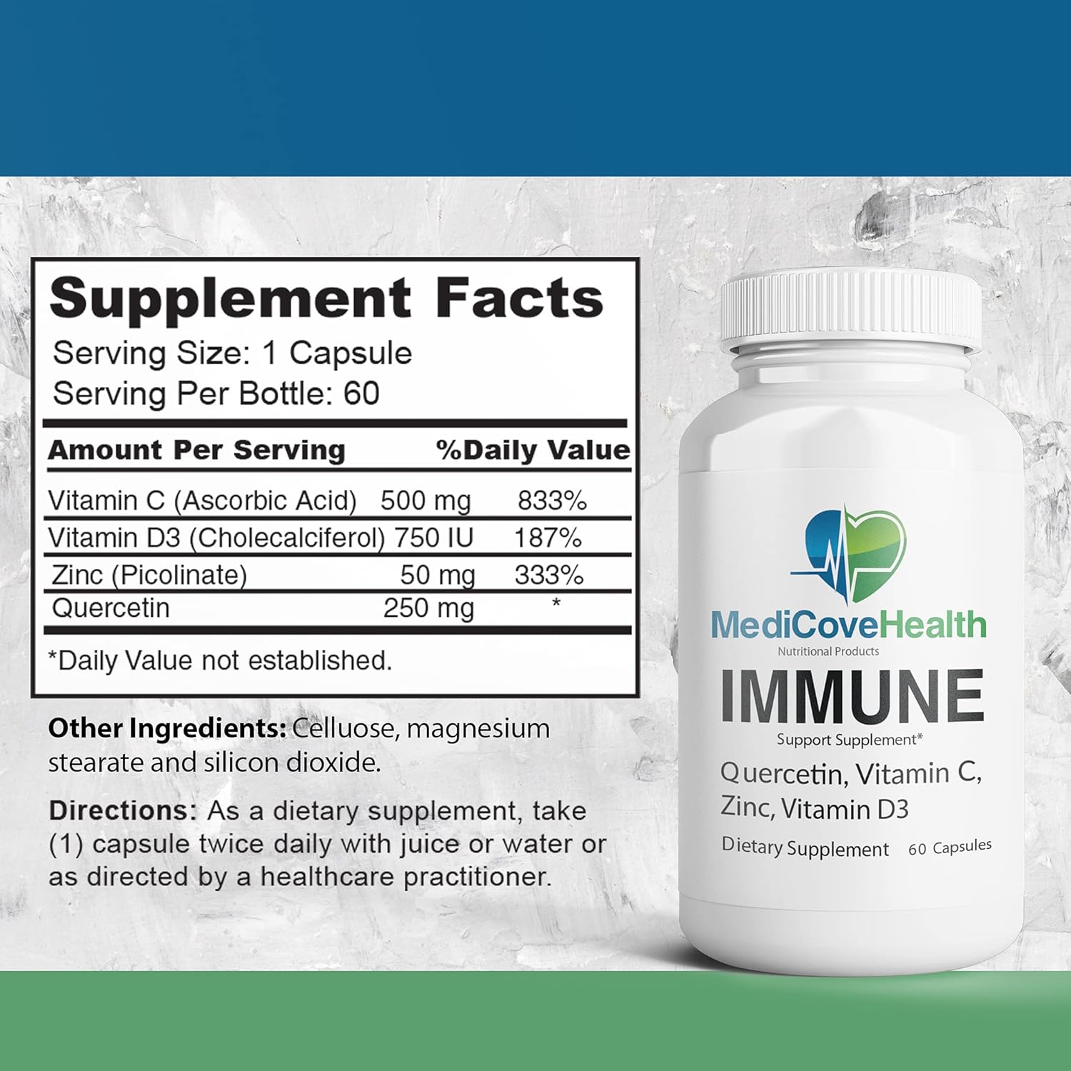 Immune Support Supplement with Quercetin, Vitamin C, Zinc, and Vitamin D3