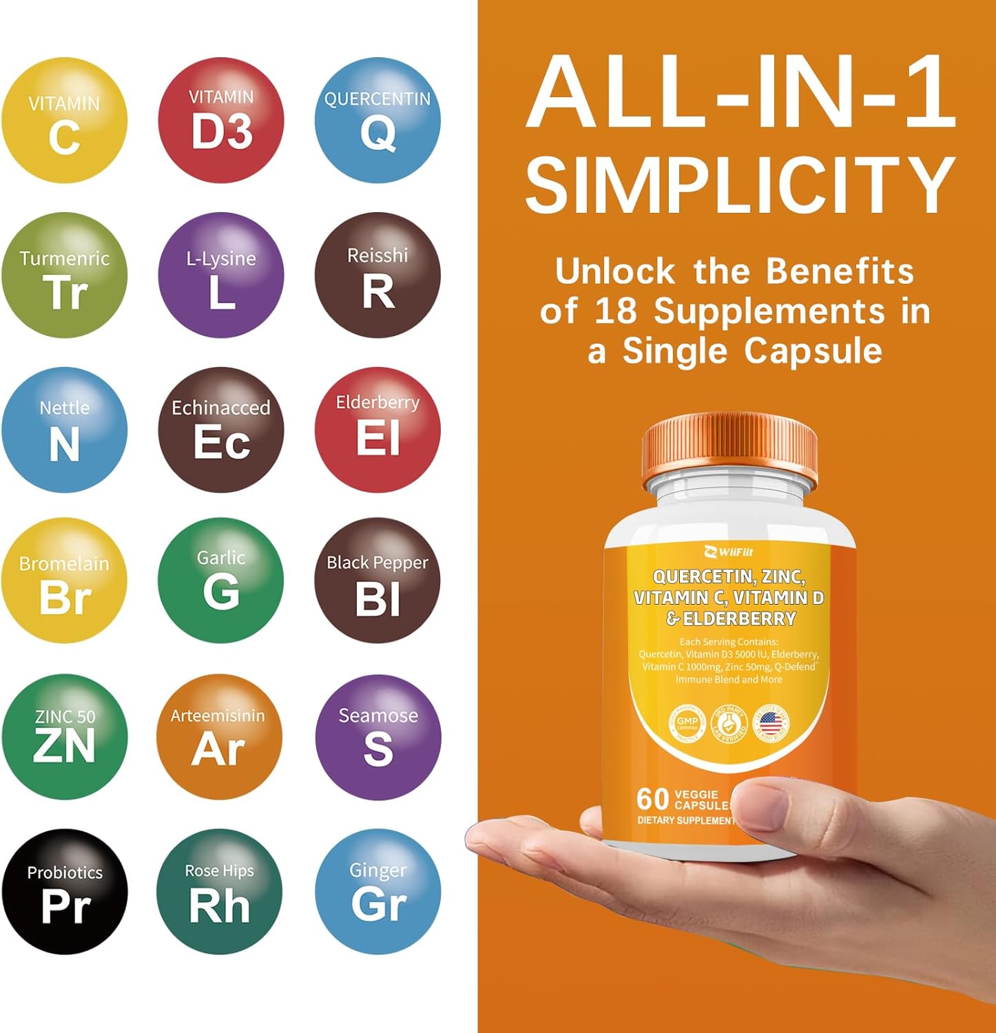 Immune Support Supplement with Quercetin, Zinc, Vitamin C, D3, Turmeric, Elderberry, Reishi, Nettle, Artemisinin - 60 Capsules