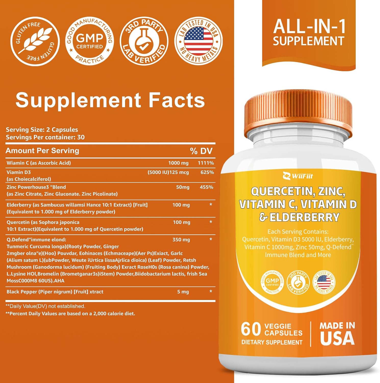 Immune Support Supplement with Quercetin, Zinc, Vitamin C, D3, Turmeric, Elderberry, Reishi, Nettle, Artemisinin - 60 Capsules