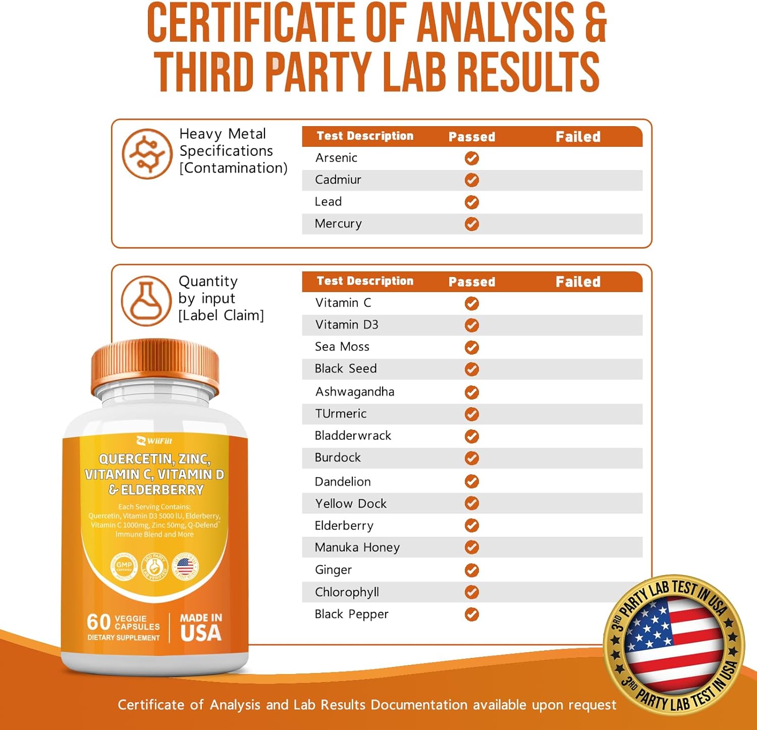 Immune Support Supplement with Quercetin, Zinc, Vitamin C, D3, Turmeric, Elderberry, Reishi, Nettle, Artemisinin - 60 Capsules