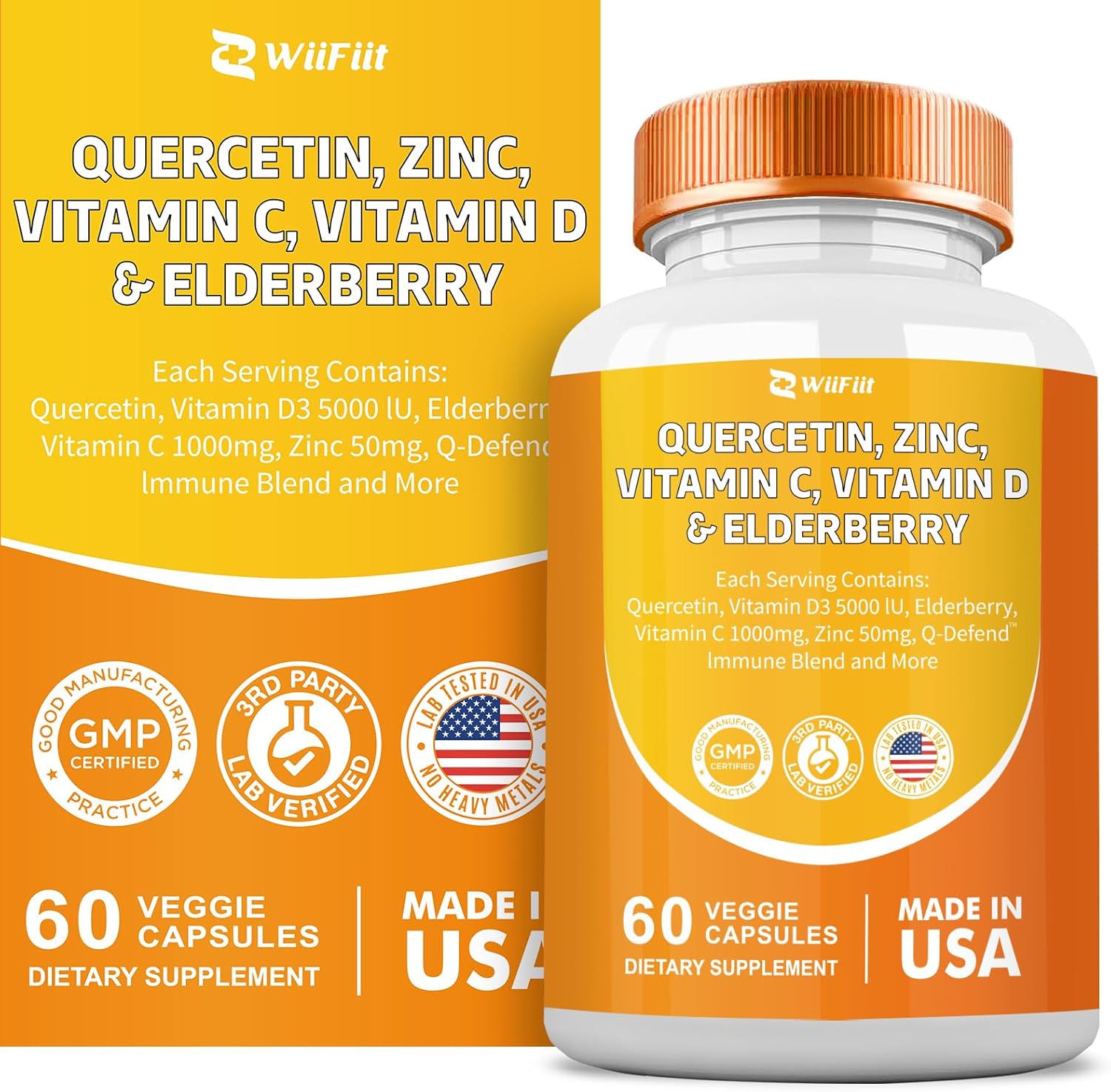 Immune Support Supplement with Quercetin, Zinc, Vitamin C, D3, Turmeric, Elderberry, Reishi, Nettle, Artemisinin - 60 Capsules