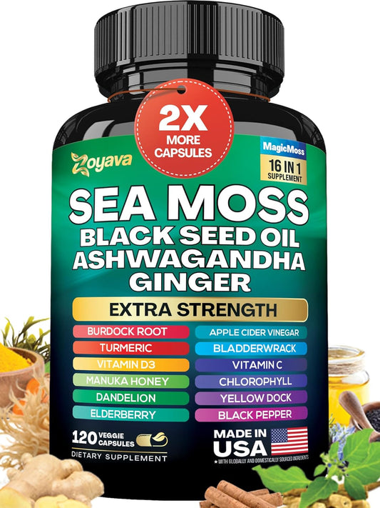 Immune Support Supplement with Sea Moss, Black Seed Oil, Ashwagandha, Turmeric, and Vitamin C - 120 Capsules