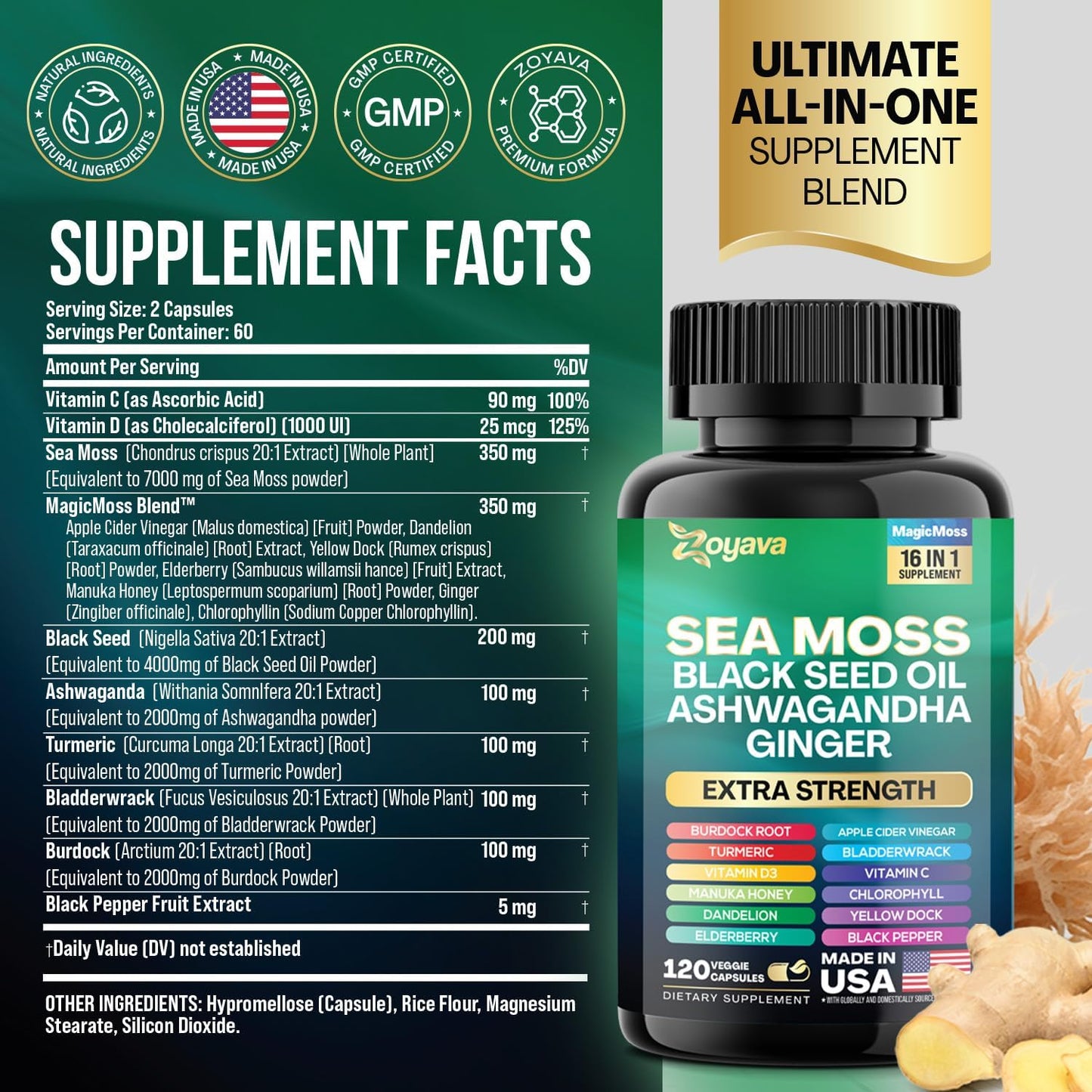 Immune Support Supplement with Sea Moss, Black Seed Oil, Ashwagandha, Turmeric, and Vitamin C - 120 Capsules