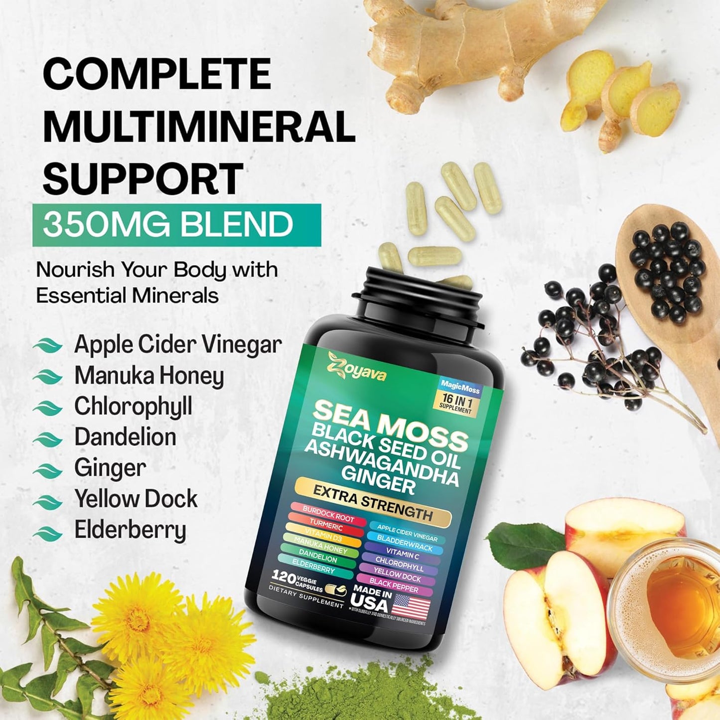 Immune Support Supplement with Sea Moss, Black Seed Oil, Ashwagandha, Turmeric, and Vitamin C - 120 Capsules