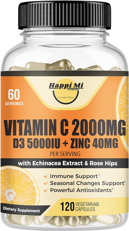 Immune Support Supplement with Vitamin C, Zinc, D3, Echinacea, Rose Hip - 120 Vegan Capsules for Adults & Kids - Non GMO, Filler Free - 60 Day Supply