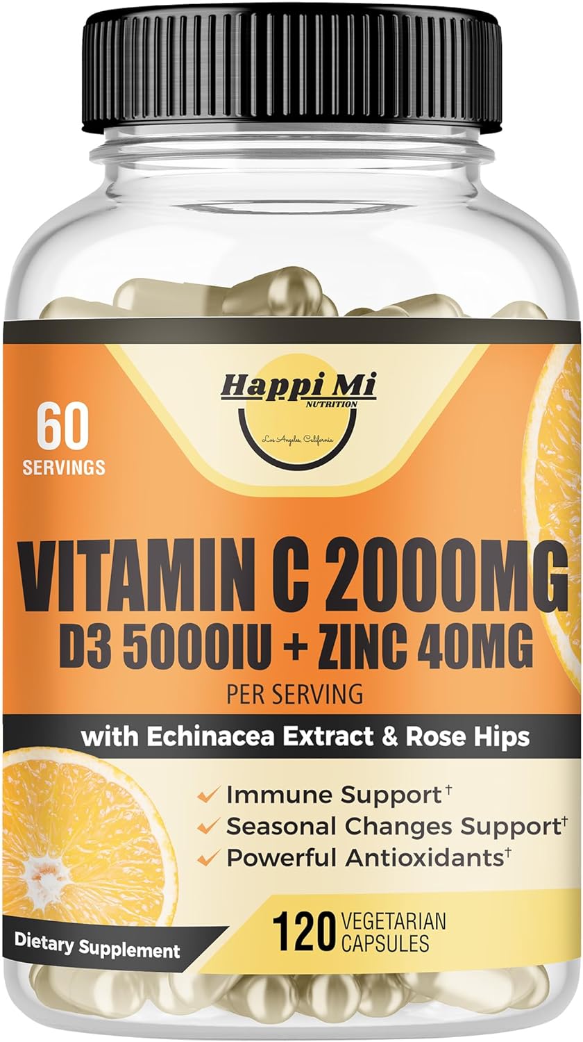 Immune Support Supplement with Vitamin C, Zinc, D3, Echinacea, Rose Hip - 120 Vegan Capsules for Adults & Kids - Non GMO, Filler Free - 60 Day Supply