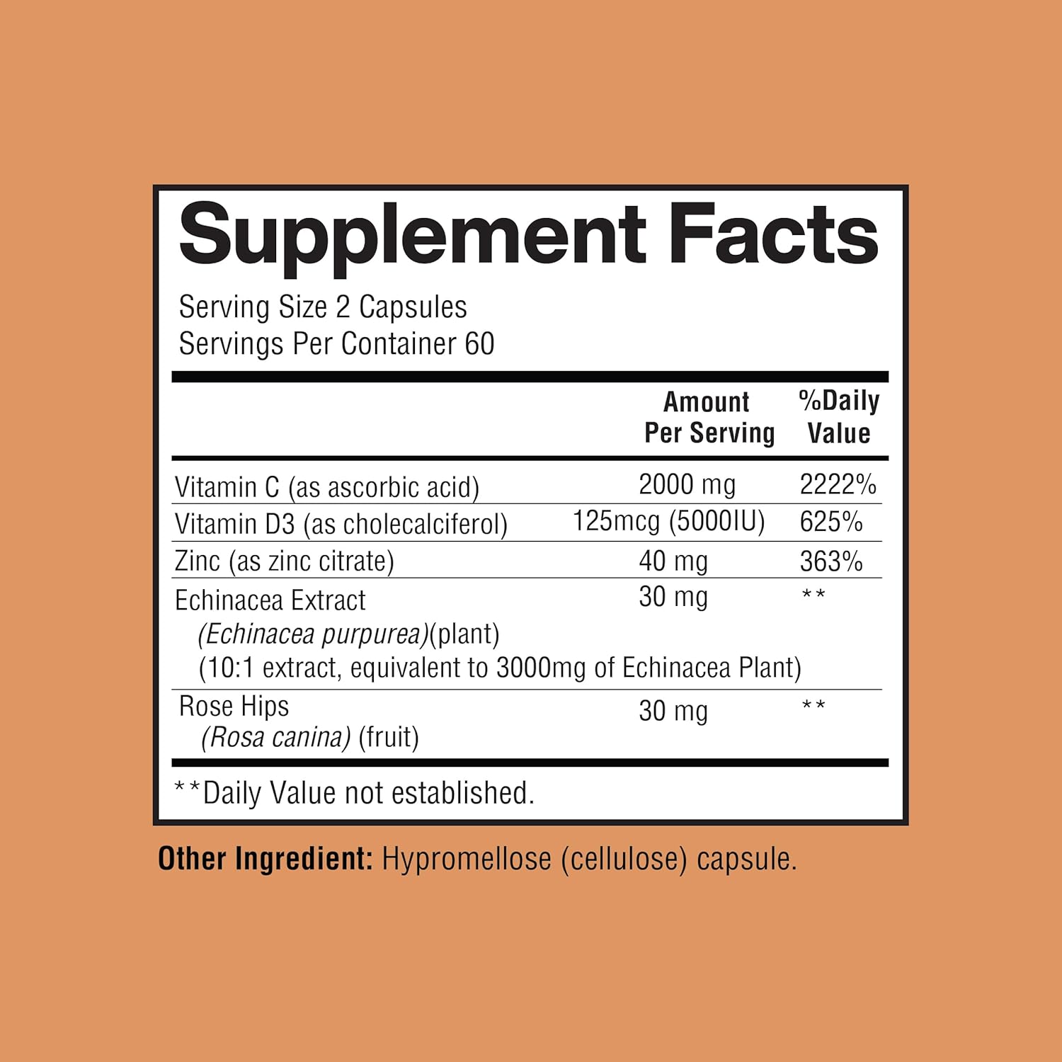 Immune Support Supplement with Vitamin C, Zinc, D3, Echinacea, Rose Hip - 120 Vegan Capsules for Adults & Kids - Non GMO, Filler Free - 60 Day Supply