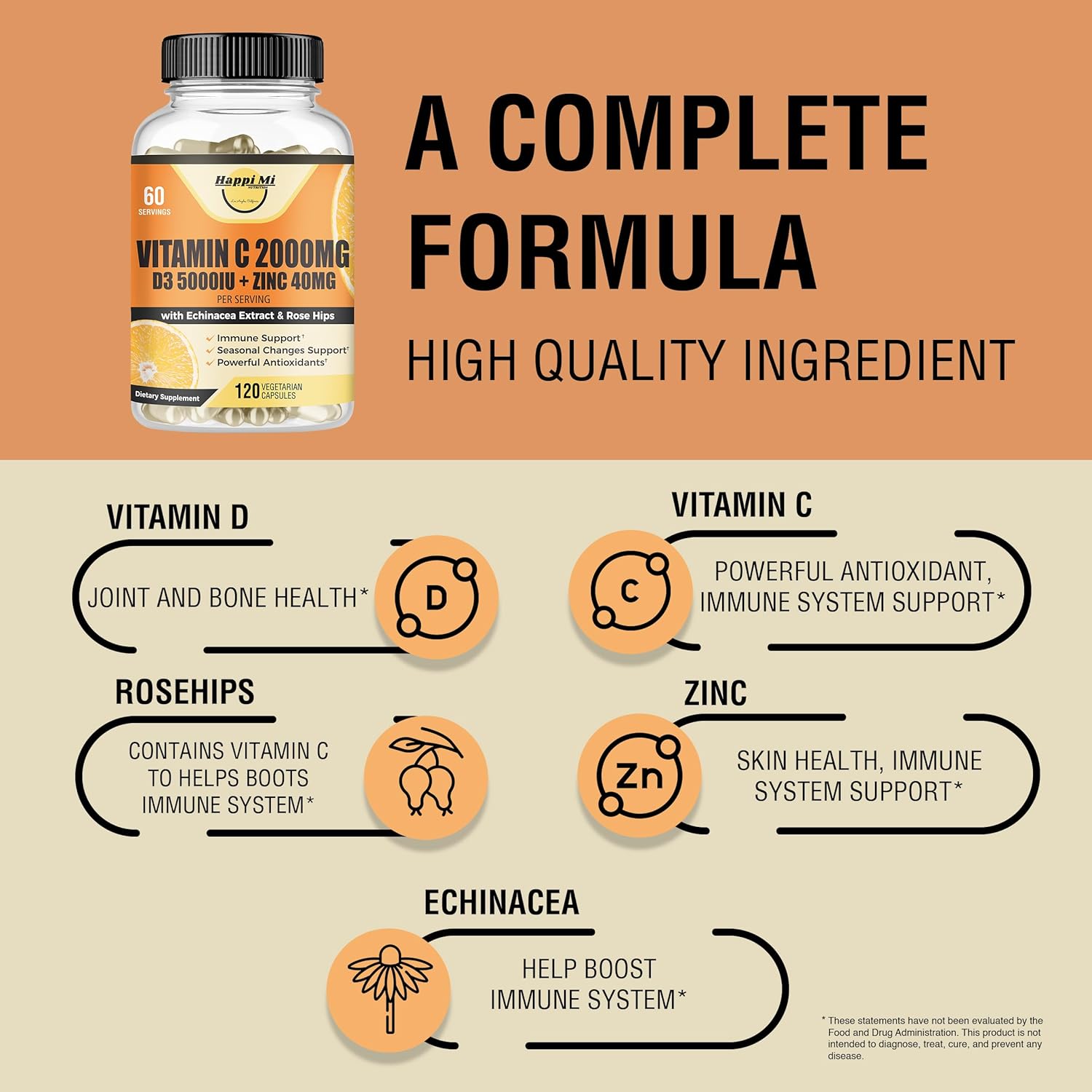 Immune Support Supplement with Vitamin C, Zinc, D3, Echinacea, Rose Hip - 120 Vegan Capsules for Adults & Kids - Non GMO, Filler Free - 60 Day Supply