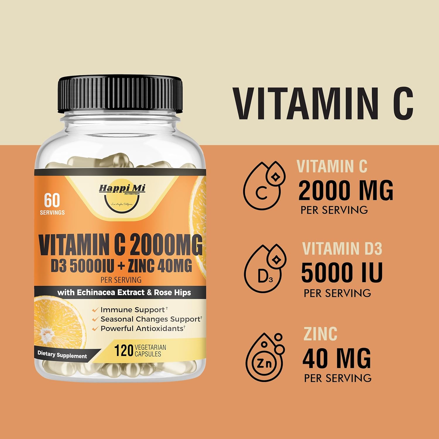 Immune Support Supplement with Vitamin C, Zinc, D3, Echinacea, Rose Hip - 120 Vegan Capsules for Adults & Kids - Non GMO, Filler Free - 60 Day Supply