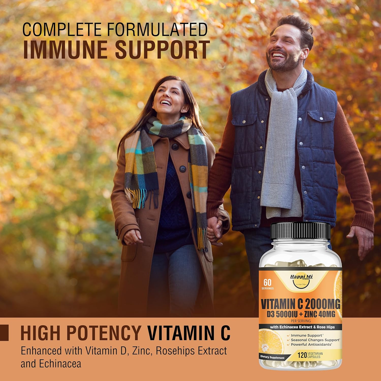 Immune Support Supplement with Vitamin C, Zinc, D3, Echinacea, Rose Hip - 120 Vegan Capsules for Adults & Kids - Non GMO, Filler Free - 60 Day Supply