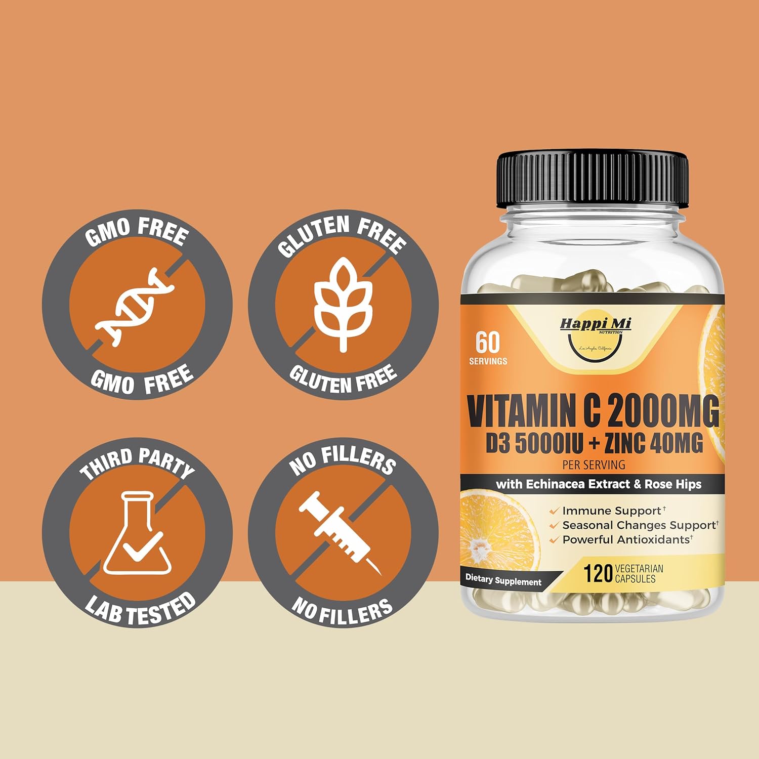 Immune Support Supplement with Vitamin C, Zinc, D3, Echinacea, Rose Hip - 120 Vegan Capsules for Adults & Kids - Non GMO, Filler Free - 60 Day Supply