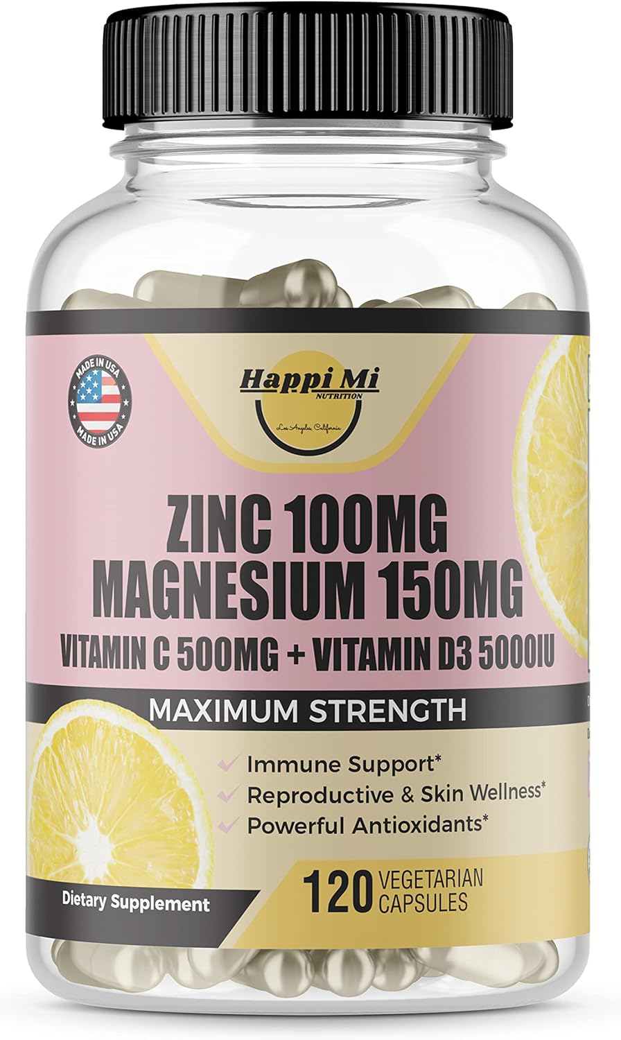 Immune Support Supplement with Zinc, Magnesium, Vitamin D3, and Vitamin C for Antioxidant Support - 100mg Zinc, 150mg Magnesium Glycinate, 5000 IU Vitamin D3, 500mg Vitamin C per Serving