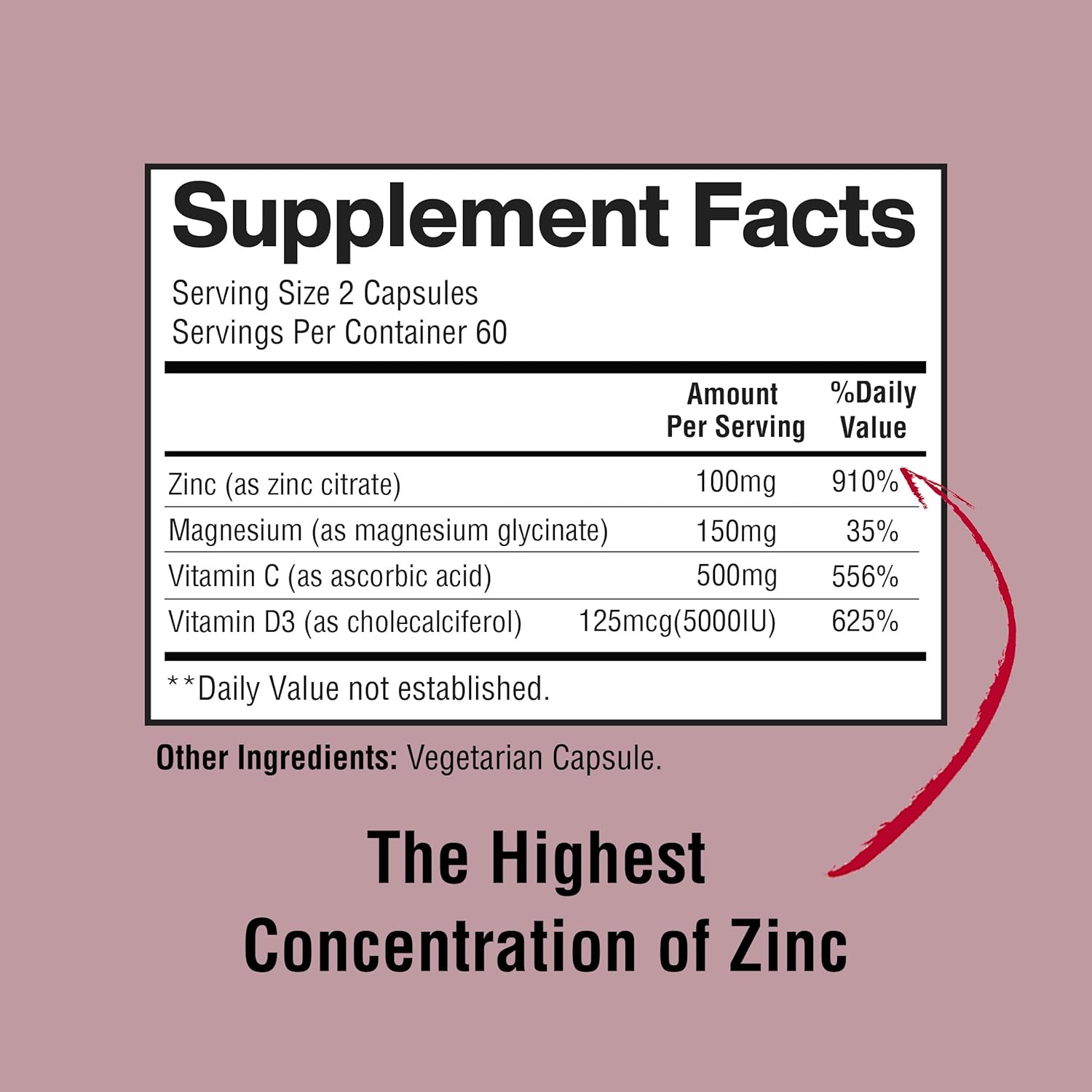 Immune Support Supplement with Zinc, Magnesium, Vitamin D3, and Vitamin C for Antioxidant Support - 100mg Zinc, 150mg Magnesium Glycinate, 5000 IU Vitamin D3, 500mg Vitamin C per Serving