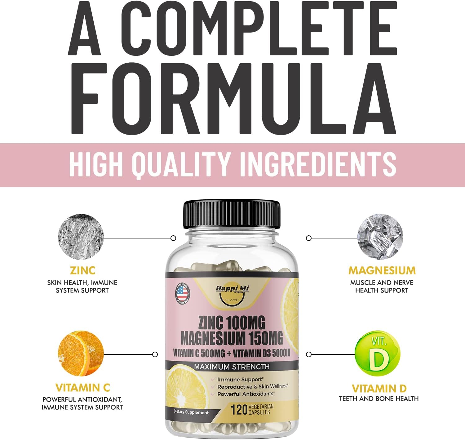 Immune Support Supplement with Zinc, Magnesium, Vitamin D3, and Vitamin C for Antioxidant Support - 100mg Zinc, 150mg Magnesium Glycinate, 5000 IU Vitamin D3, 500mg Vitamin C per Serving