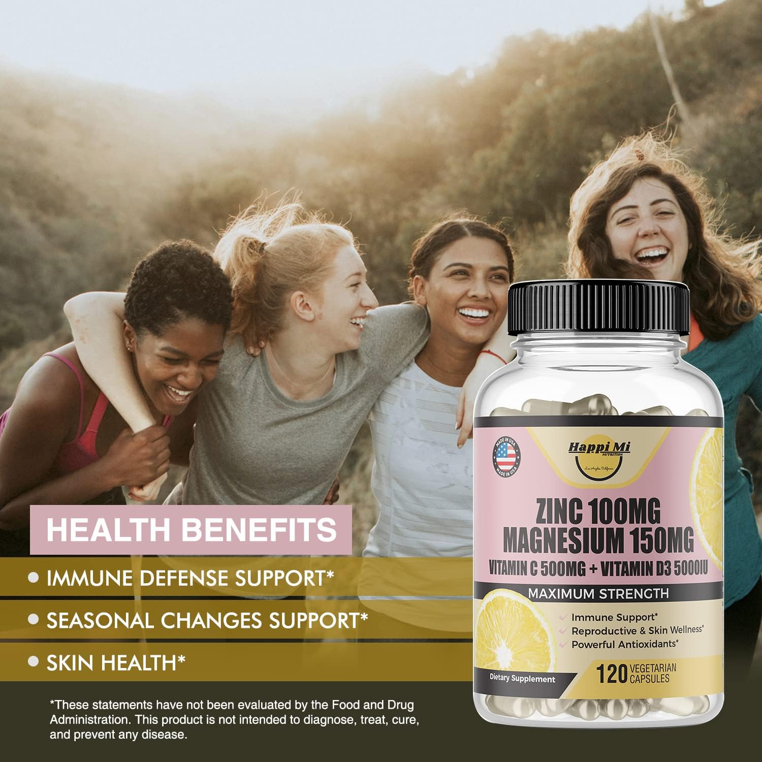 Immune Support Supplement with Zinc, Magnesium, Vitamin D3, and Vitamin C for Antioxidant Support - 100mg Zinc, 150mg Magnesium Glycinate, 5000 IU Vitamin D3, 500mg Vitamin C per Serving