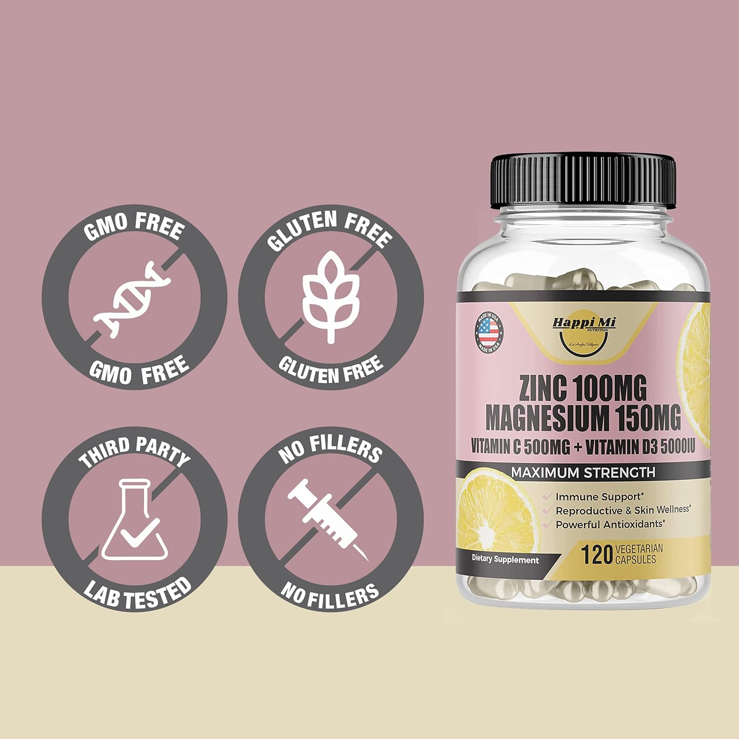 Immune Support Supplement with Zinc, Magnesium, Vitamin D3, and Vitamin C for Antioxidant Support - 100mg Zinc, 150mg Magnesium Glycinate, 5000 IU Vitamin D3, 500mg Vitamin C per Serving