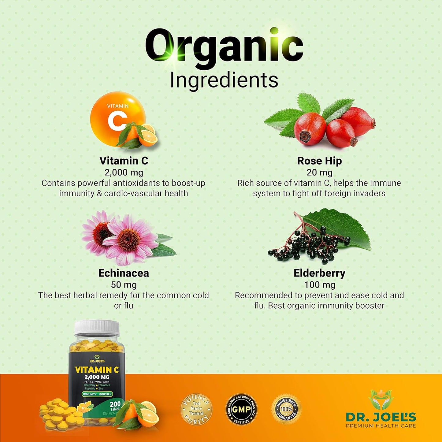 Immune Support Vitamin C 2000 mg with Zinc, Elderberry, Rose Hip, Echinacea - 200 Tablets - Boosts Immune System - Made in USA by Dr. JOEL.